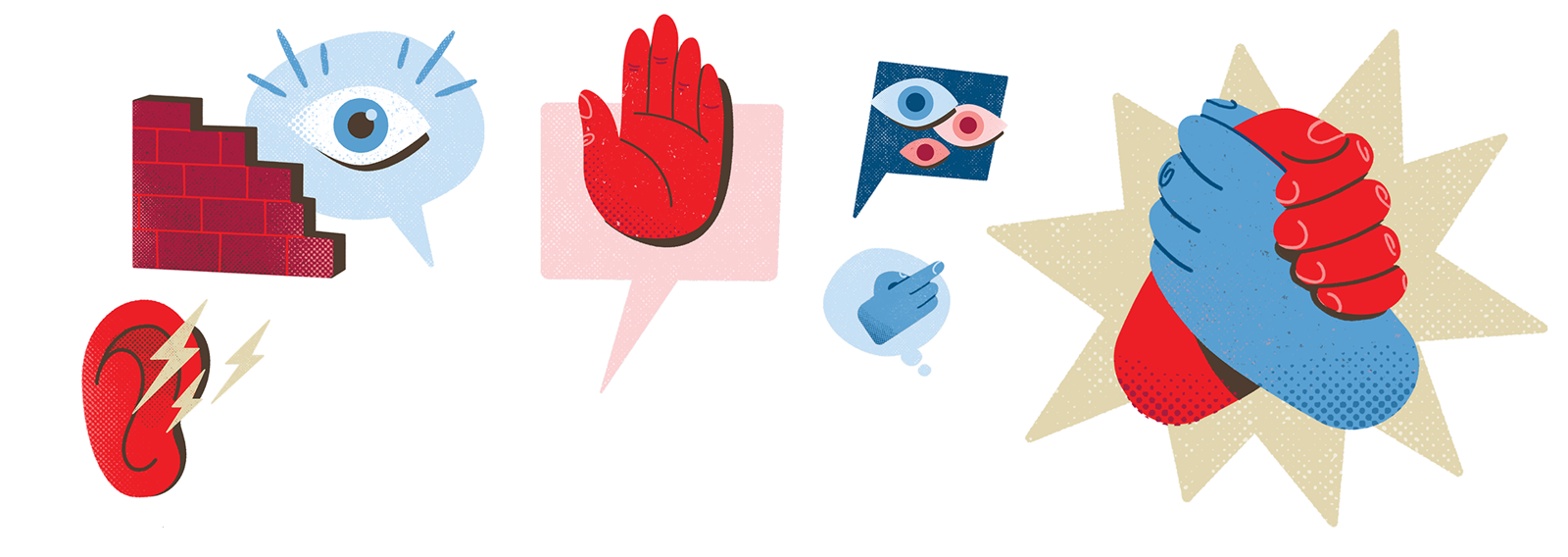 Erilaisia symboleja, korva, silmä puhekuplassa, käsi puhekuplassa, toisiinsa tarttuneet kädet