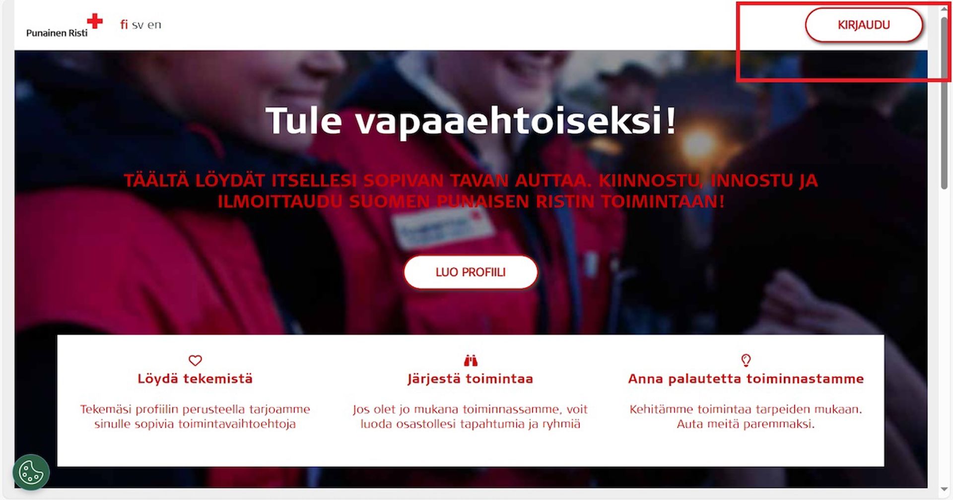 Kuvakaappaus Oma-nettisivuilta. Kirjaudu-nappi on merkitty punaisella suorakaiteen muotoisella merkinnällä. 