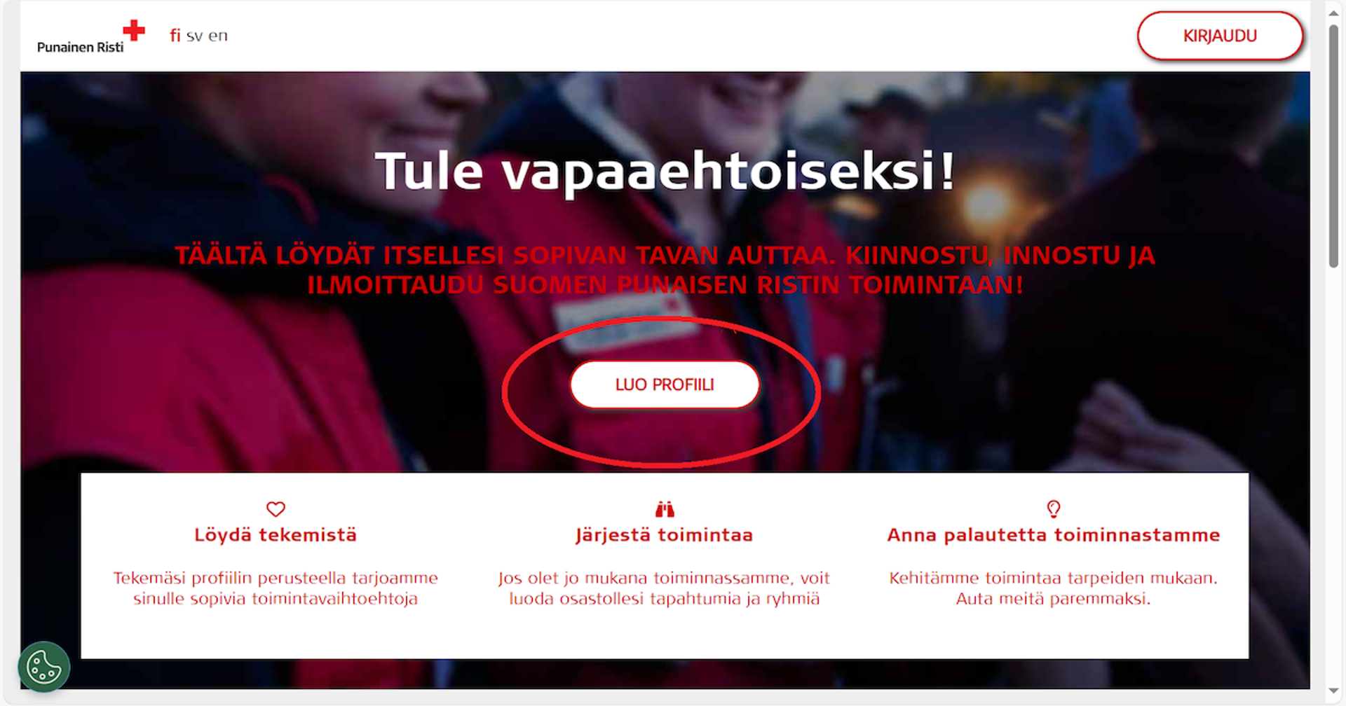 Kuvakaappaus Oma-järjestelmästä. Sivun keskellä oleva Luo profiili -painike on ympyröity punaisella.