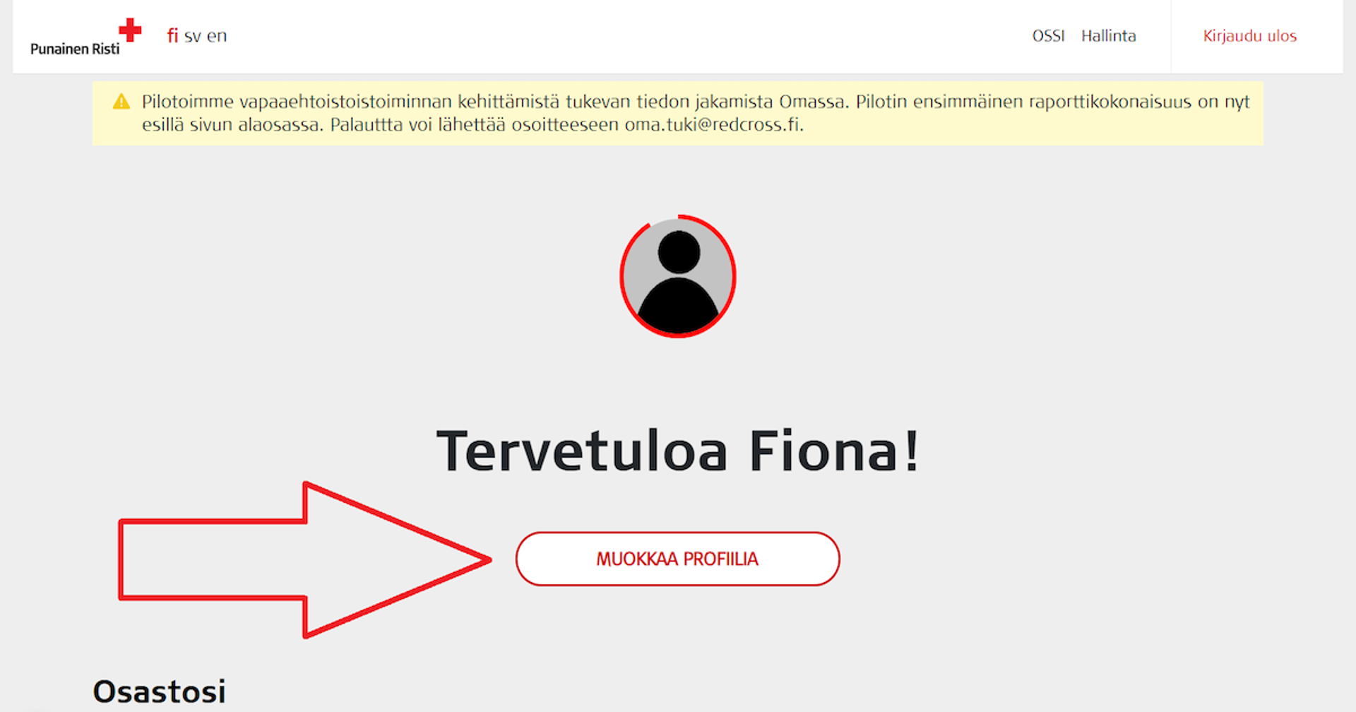 Kuvakaappaus Oma-järjestelmästä. Iso punainen nuoli osoittaa Muokkaa profiilia -painikkeeseen.