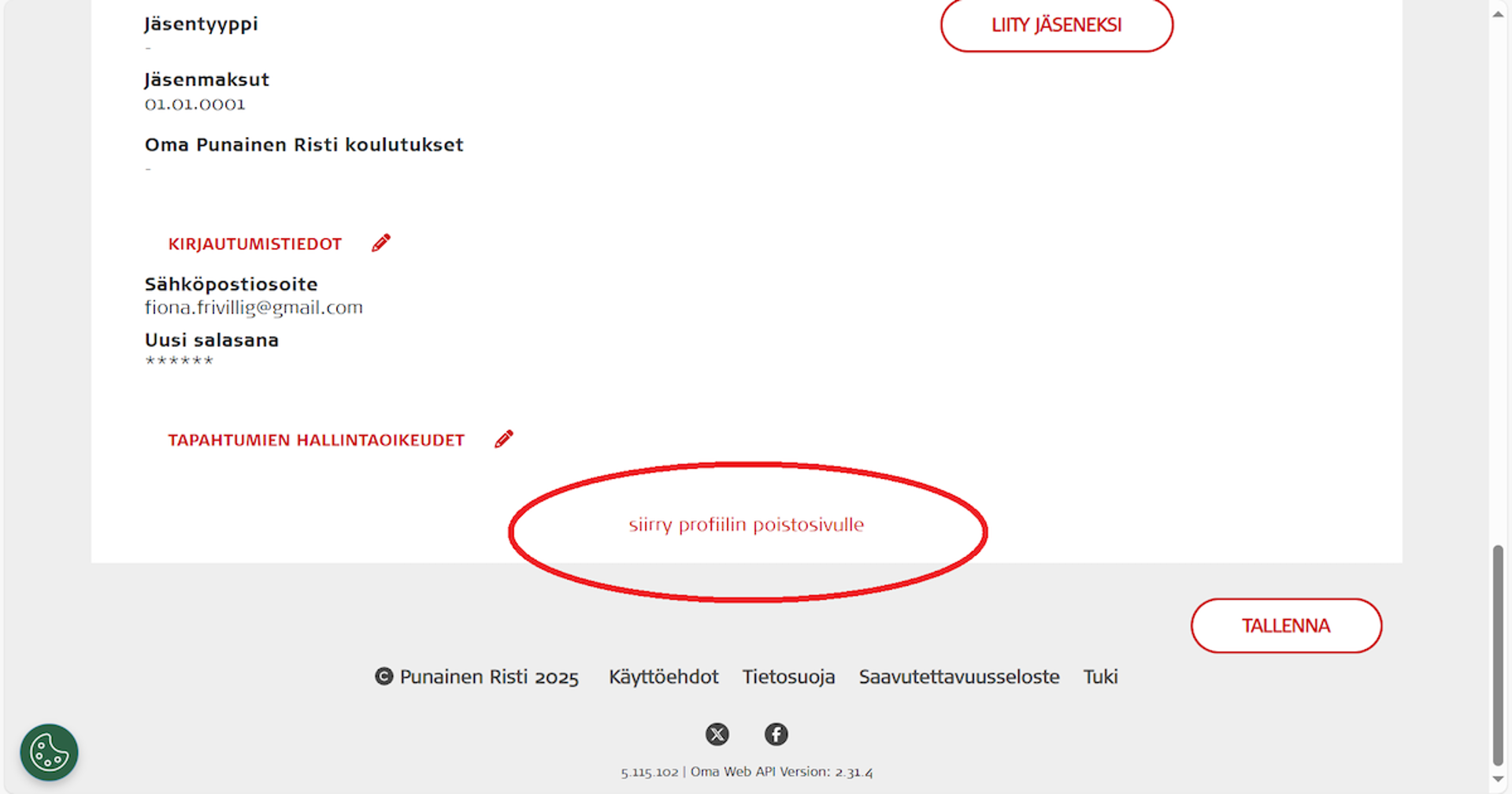 Kuvakaappaus Oma-järjestelmästä. Siirry profiilin poistosivulle -painike on ympyröity punaisella.