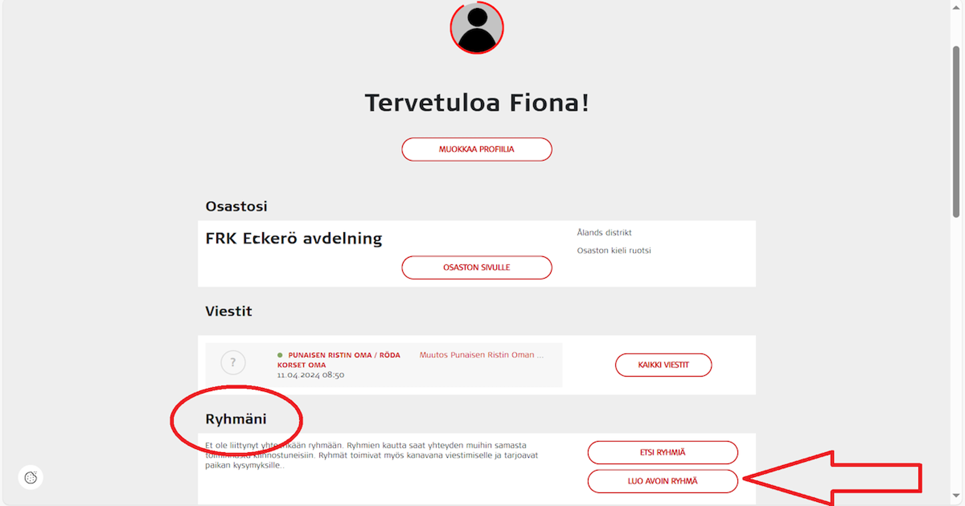 Kuvakaappaus Oma-järjestelmästä. Punainen ympyrä ja nuoli näyttävät, miten voi luoda avoimen ryhmän. 