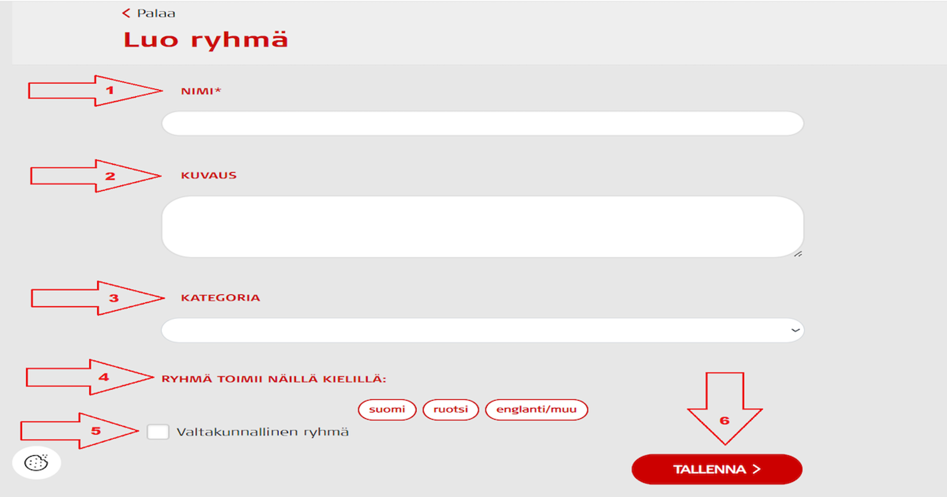 Kuvakaappaus Oma-järjestelmästä. Avoimen ryhmän luomisen vaiheet on merkitty punaisilla nuolilla ja numeroilla.