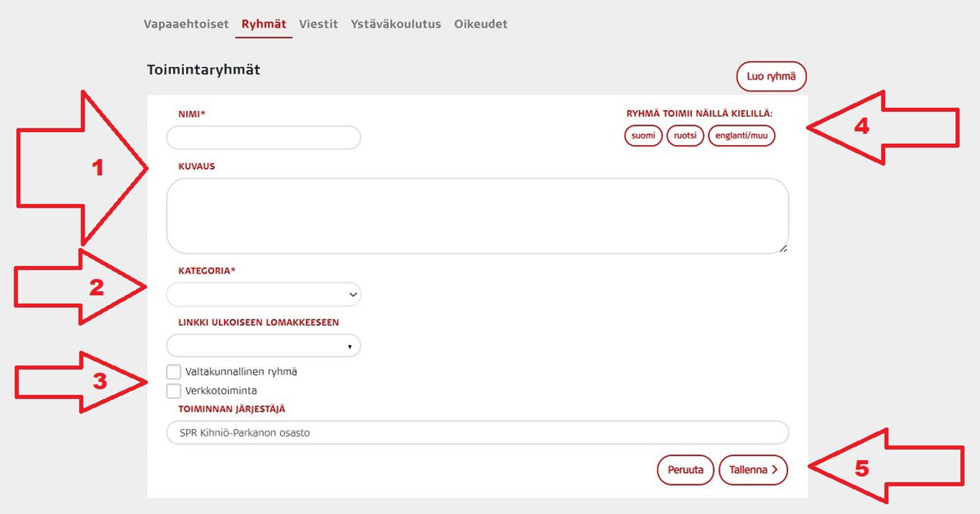 Kuvakaappaus Oma-järjestelmästä. Punaiset nuolet näyttävät toimintaryhmän luomisen vaiheet.