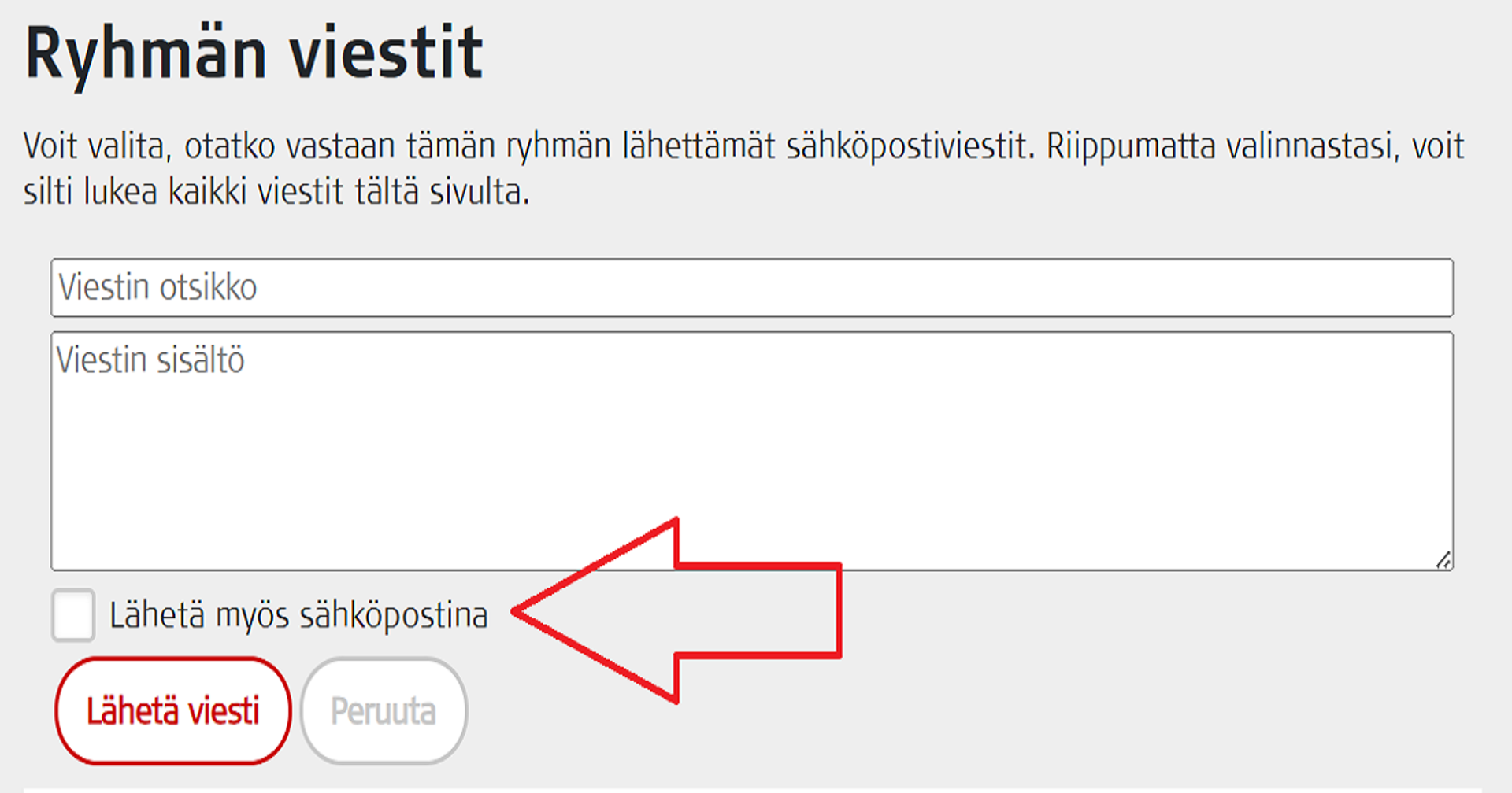 Kuvakaappaus Oma-järjestelmästä. Nuoli osoittaa, mikä valinta tulee ruksata, jos haluaa, että ryhmässä kirjoitettu viesti lähetetään myös muiden ryhmäläisten sähköpostiin.