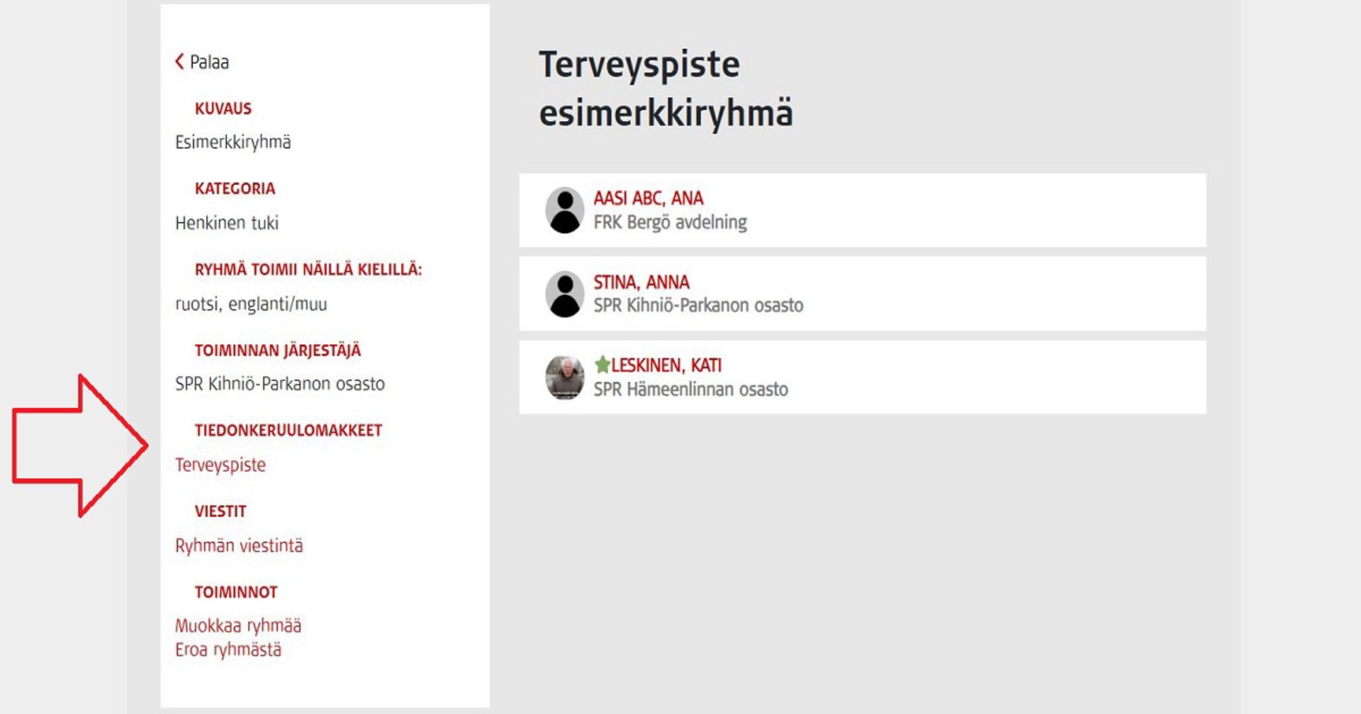 Kuvakaappaus Oma-järjestelmästä. Punainen nuoli osoittaa, mistä ryhmän jäsenet löytävät tiedonkeruulomakkeen.