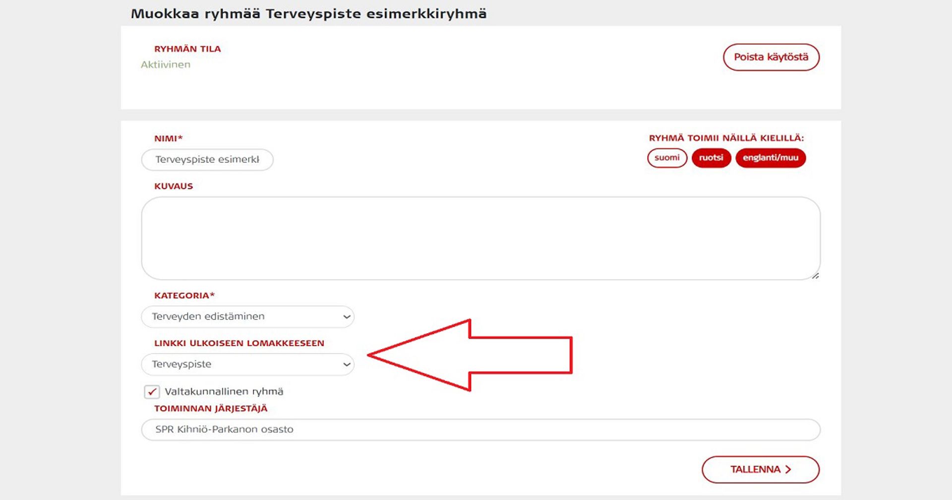 Kuvakaappaus Oma-järjestelmästä. Punainen nuoli osoittaa kohtaa, josta ryhmänvetäjä voi lisätä ryhmään tiedonkeruulomakkeen. 