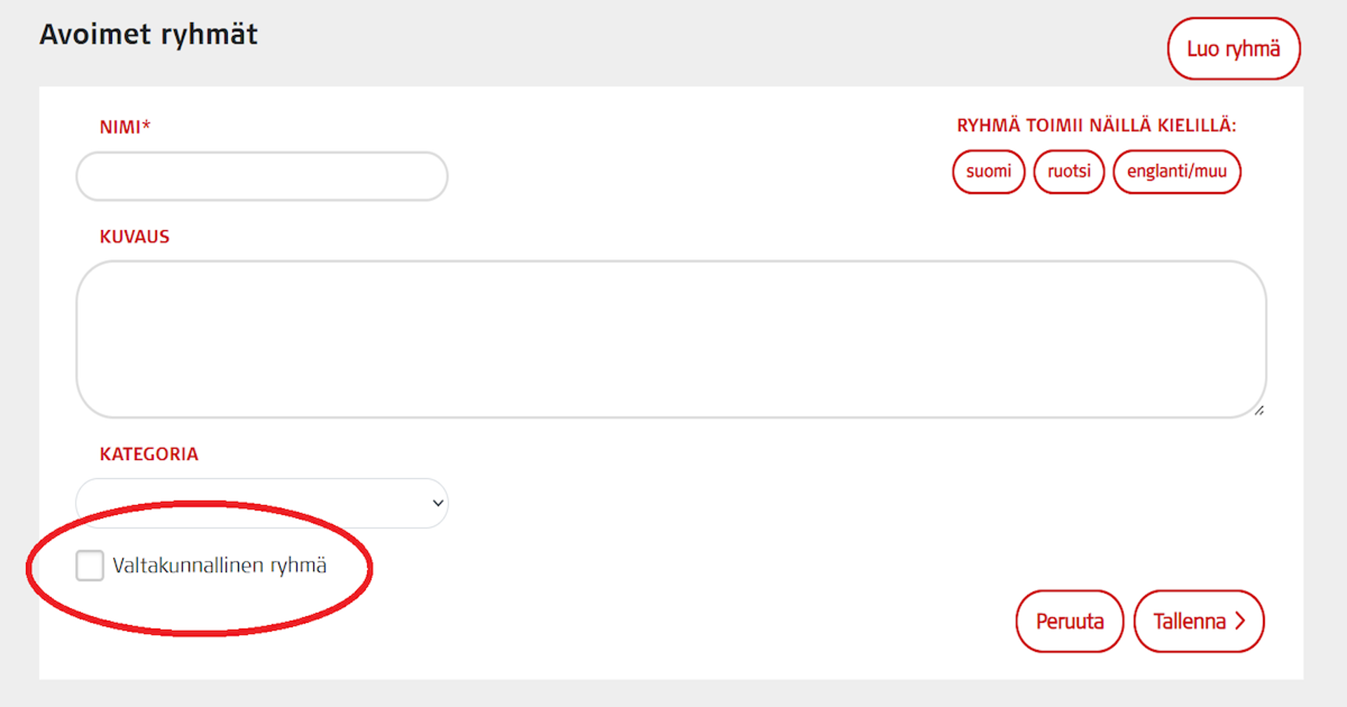 Kuvakaappaus Oma-järjestelmästä. Valtakunnallinen ryhmä -kohta on ympyröity punaisella. 
