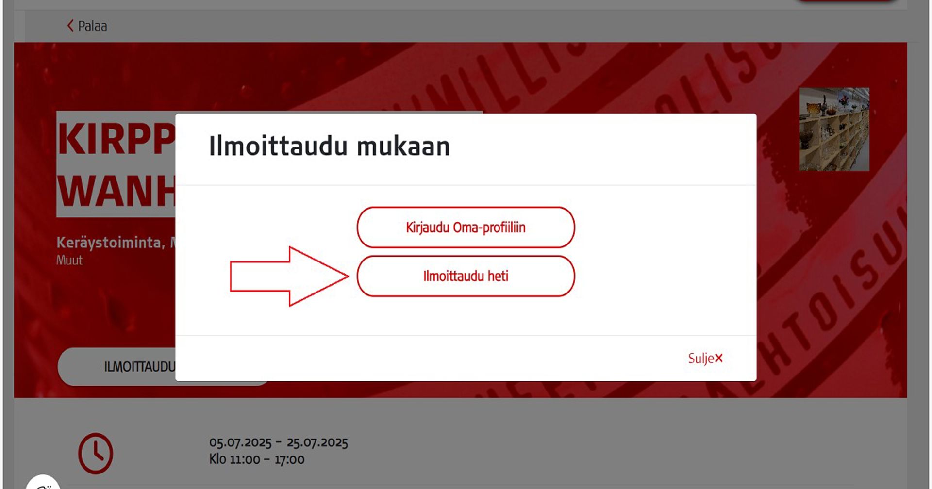 Kuvakaappaus Oma-järjestelmästä. Punainen nuoli osoittaa Ilmoittaudu heti -painiketta.
