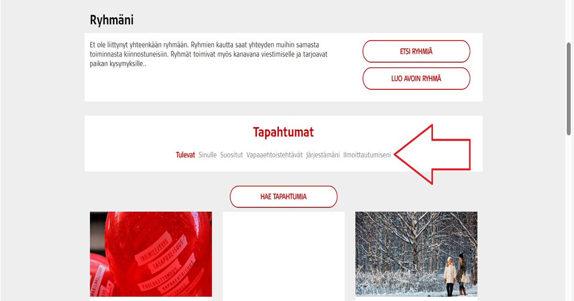 Kuvakaappaus Oma-järjestelmästä. Punainen nuoli osoittaa Ilmoittautumiseni-kohtaan. Tätä klikkaamalla pääsee näkemään kaikki tapahtumat, joihin on ilmoittautunut.