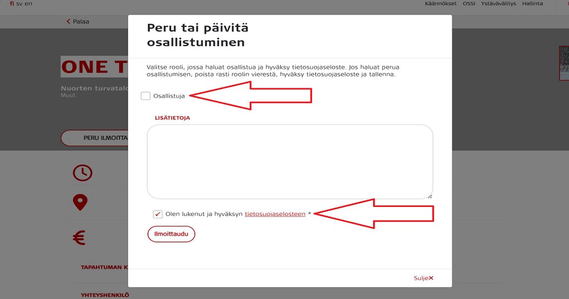 Kuvakaappaus Oma-järjestelmästä. Punaiset nuolet näyttävät, mitä tulee klikata peruakseen ilmoittautumisen tapahtumaan. 