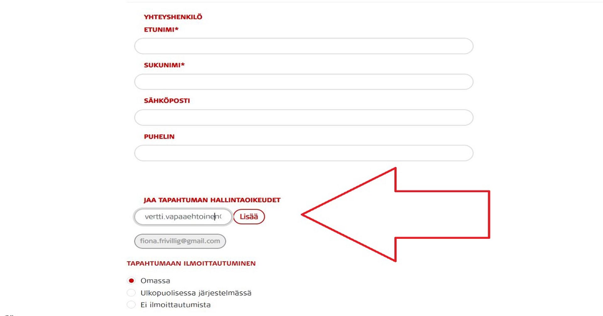 Kuvakaappaus Oma-järjestelmästä. Punainen nuoli osoittaa kohtaa, jossa voi lisätä tapahtuman hallintaoikeudet yhdelle tai useammalle toiselle käyttäjälle.