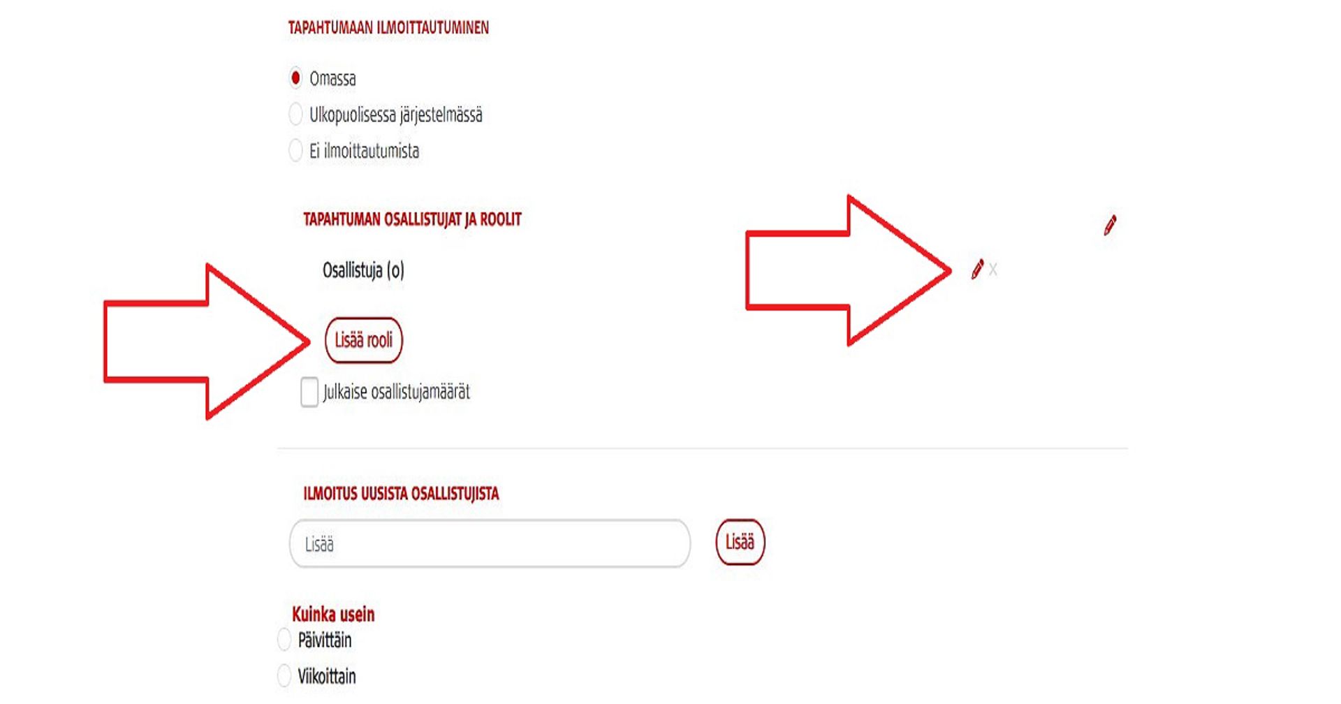 Kuvakaappaus Oma-järjestelmästä. Punaiset nuolet osoittavat, mitä tulee klikata osallistujaroolien lisäämiseksi tapahtumailmoitukseen.