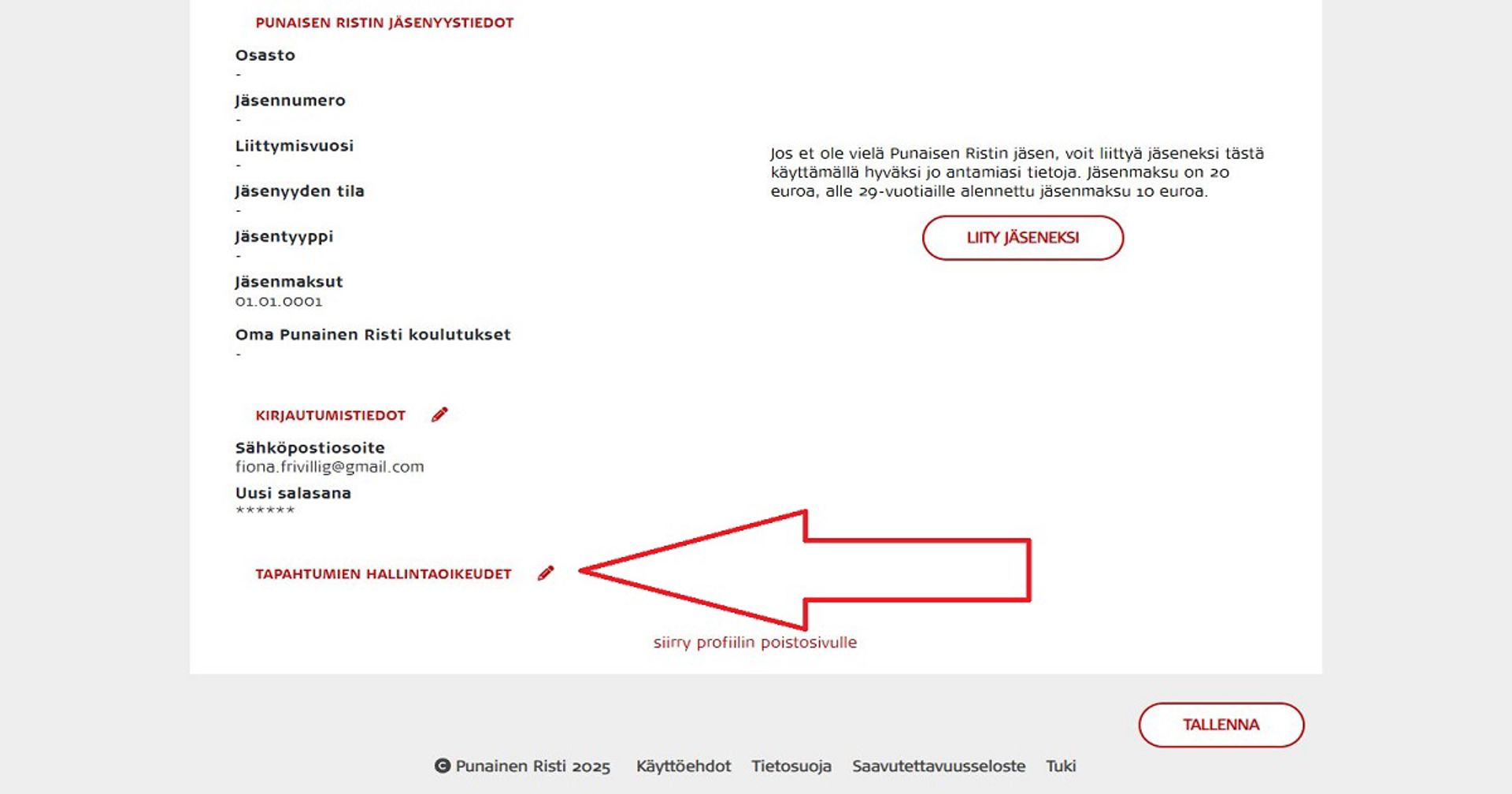Kuvakaappaus Oma-järjestelmästä. Punainen nuoli osoittaa kohtaa, josta voi jakaa kaikkien luomiensa tapahtumien hallintaoikeudet toiselle käyttäjälle.