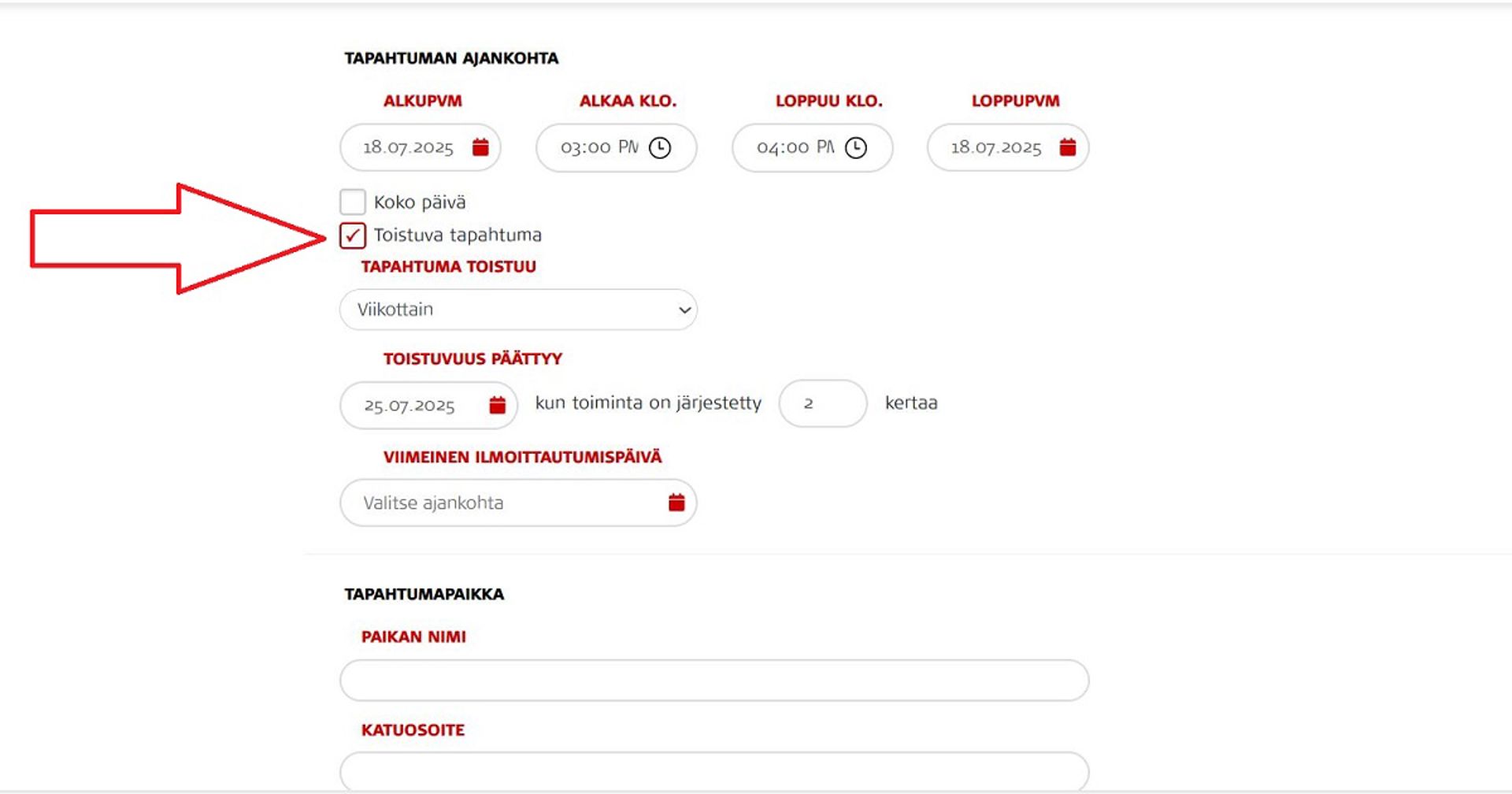 Kuvakaappaus Oma-järjestelmästä. Punainen nuoli osoittaa kohtaa, joka tulee rastittaa toistuvaa tapahtumaa luodessa.