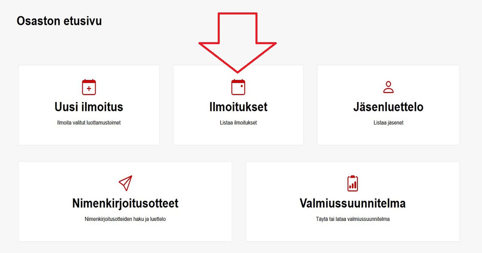 Kuvakaappaus Ossi-järjestelmästä. Punainen nuoli osoittaa Ilmoitukset-painikkeeseen.