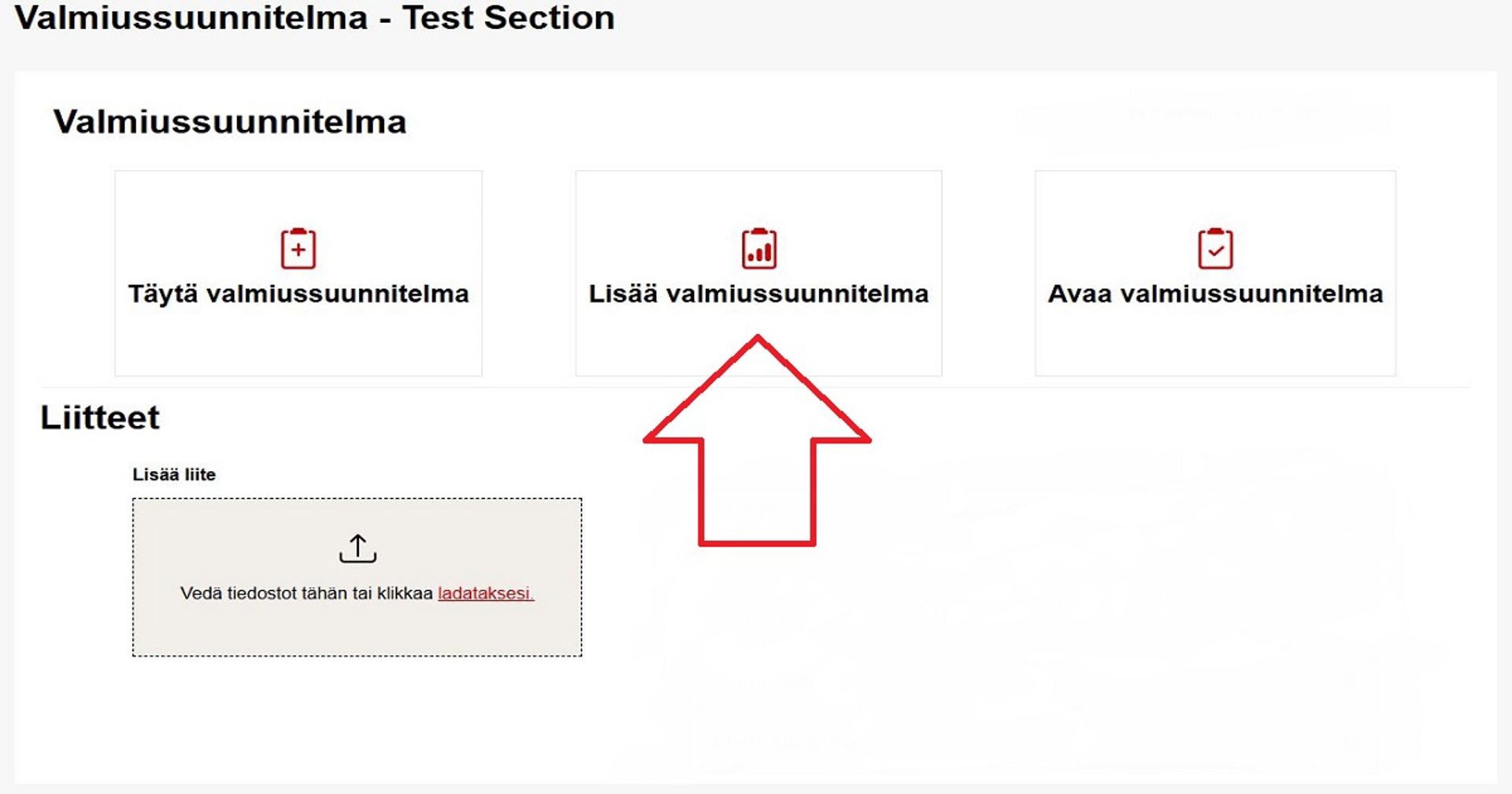 Kuvakaappaus Ossi-järjestelmästä. Punainen nuoli osoittaa Lisää valmiussuunnitelma -painikkeeseen.
