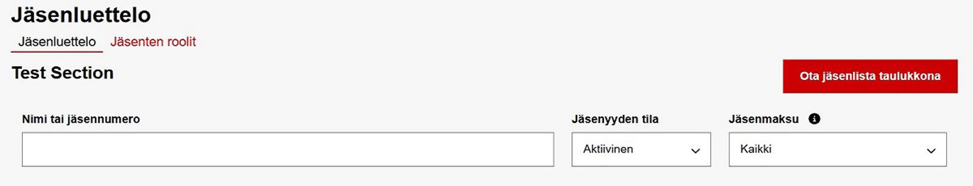 Kuvakaappaus, joka näyttää nimen ja jäsennumeron haun kentän Ossissa.