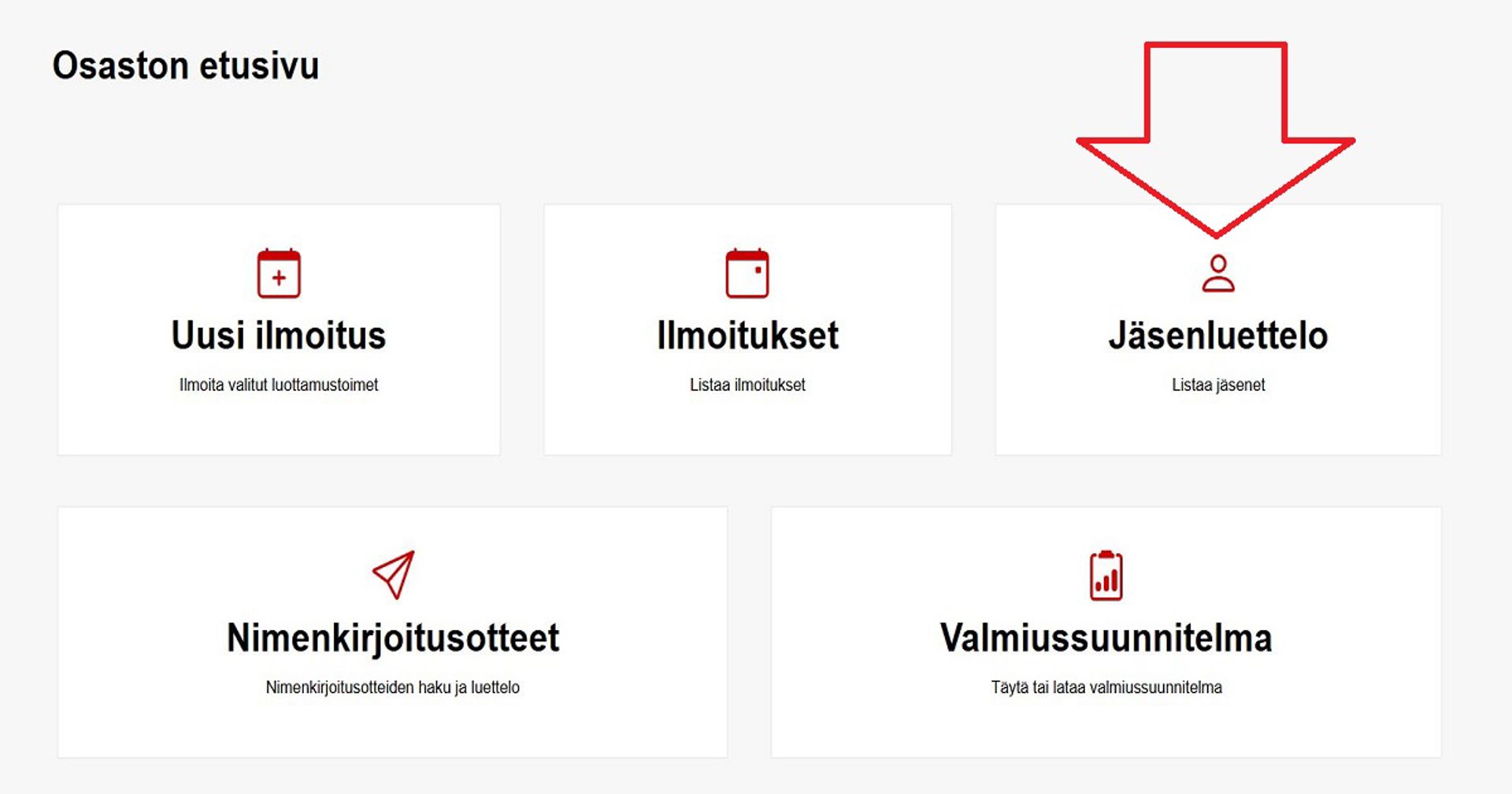 Kuvakaappaus Ossi-järjestelmästä. Punainen nuoli osoittaa Jäsenluettelo-painikkeeseen.