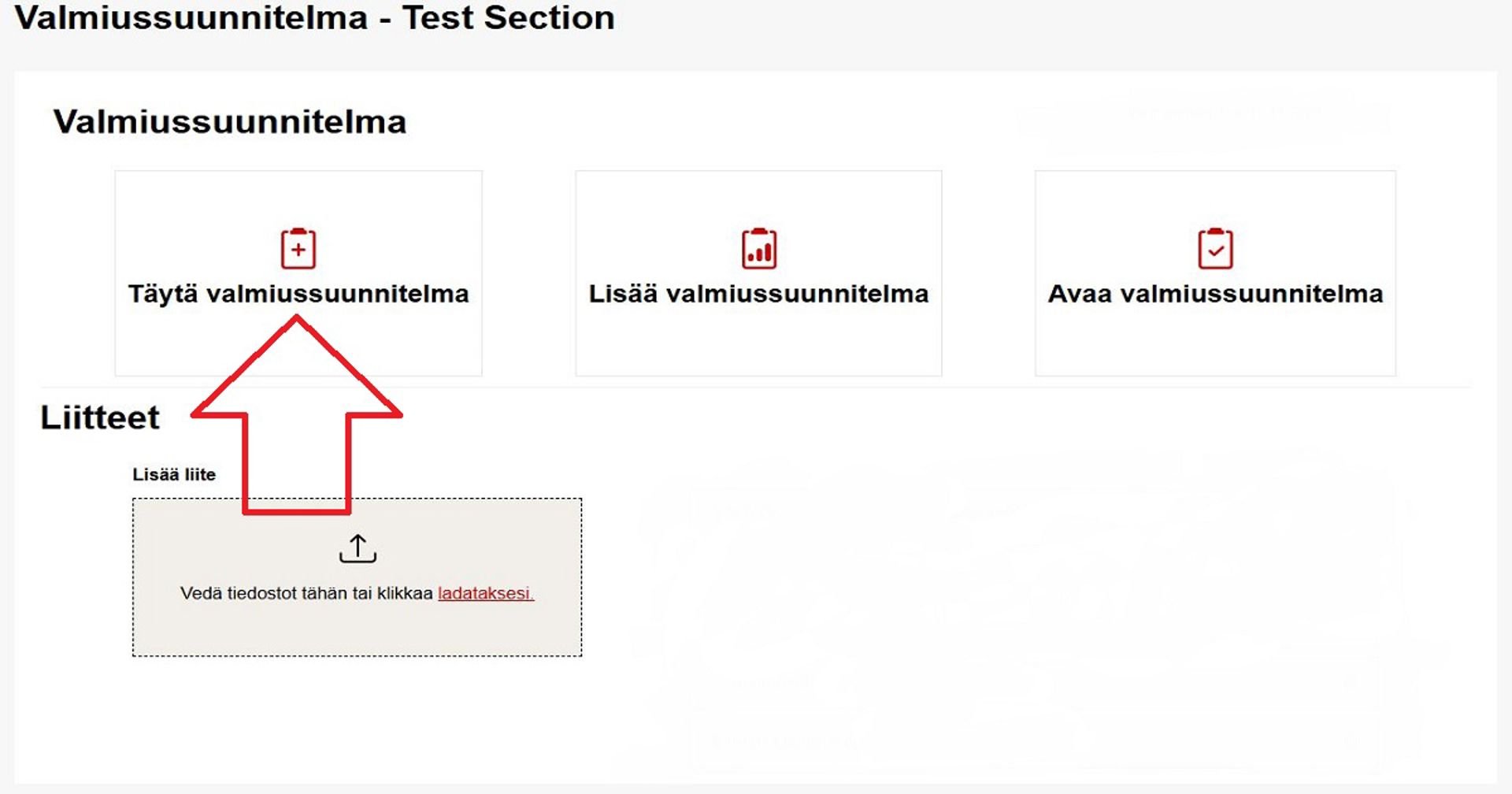 Kuvakaappaus Ossi-järjestelmästä. Punainen nuoli osoittaa Täytä valmiussuunnitelma -painikkeeseen.
