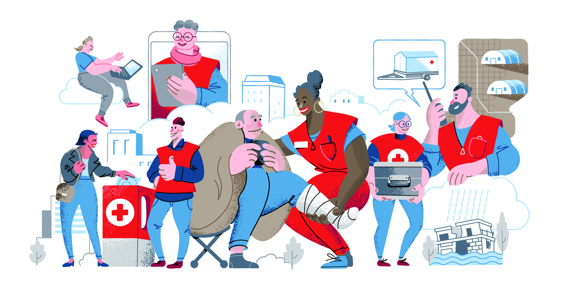 Piirros Punaisen Ristin toiminnan muodoista: varainkeruuta kasvotusten ja verkossa, ensiapua, ystäväverkkotoimintaa ja hätäapua, kuten sairaalatelttojen kokoamista hätäalueeelle.