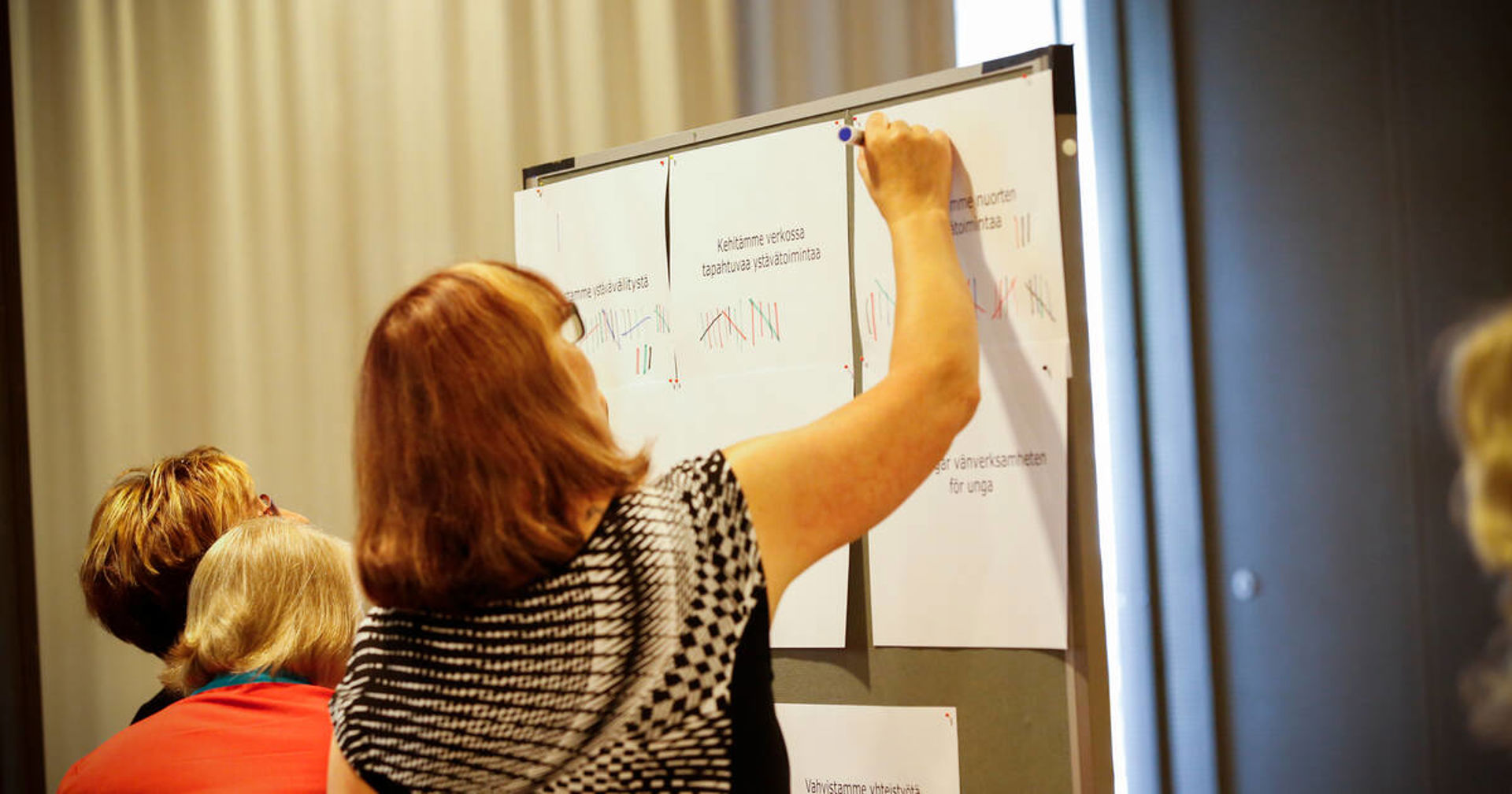 Kolme henkilöä kirjoittaa seinällä oleville fläpeille.