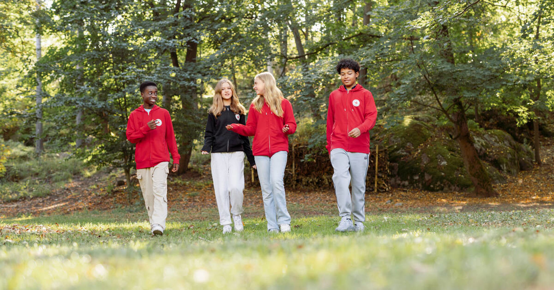Neljä nuorta kävelevät ja juttelevat kesäisessä puistossa. Heillä on päällään Punaisen Ristin hupparit.