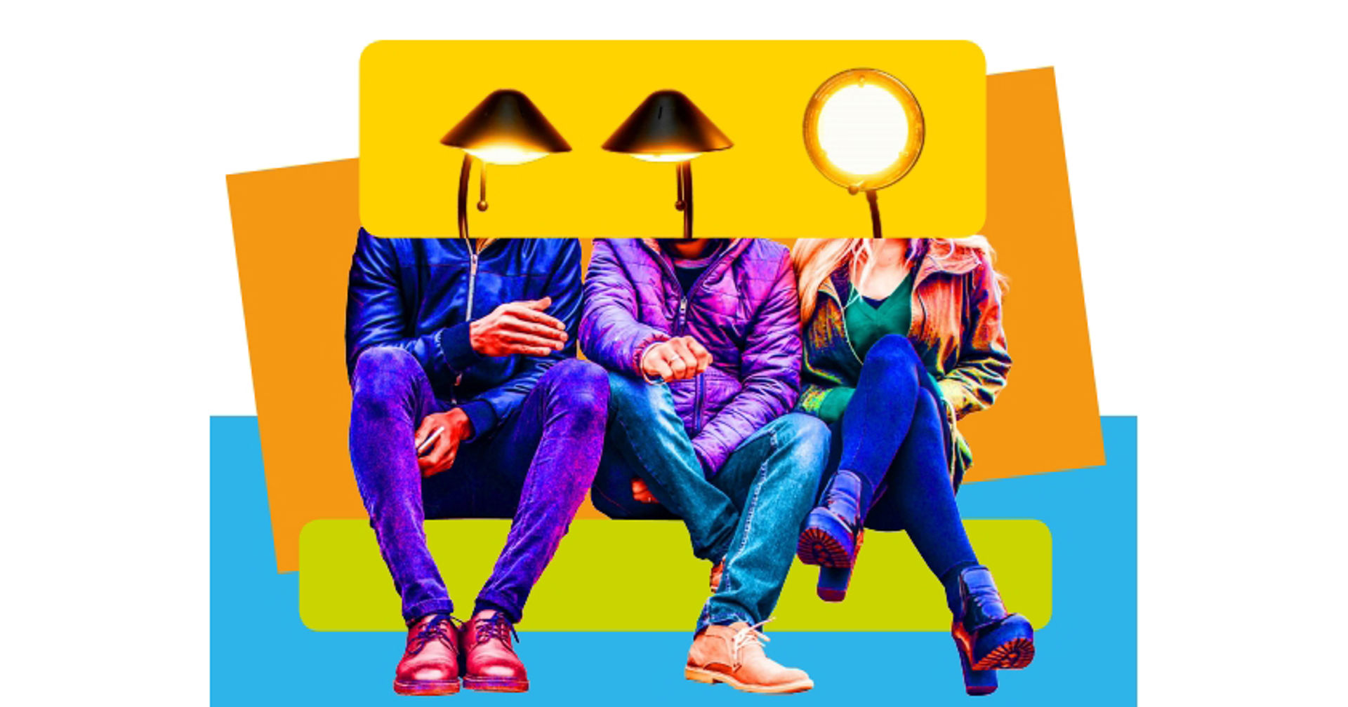 Kuvitus kuva kolmesta henkilöstä, joiden päät ovat lamppuja ja he istuvat sohvalla.