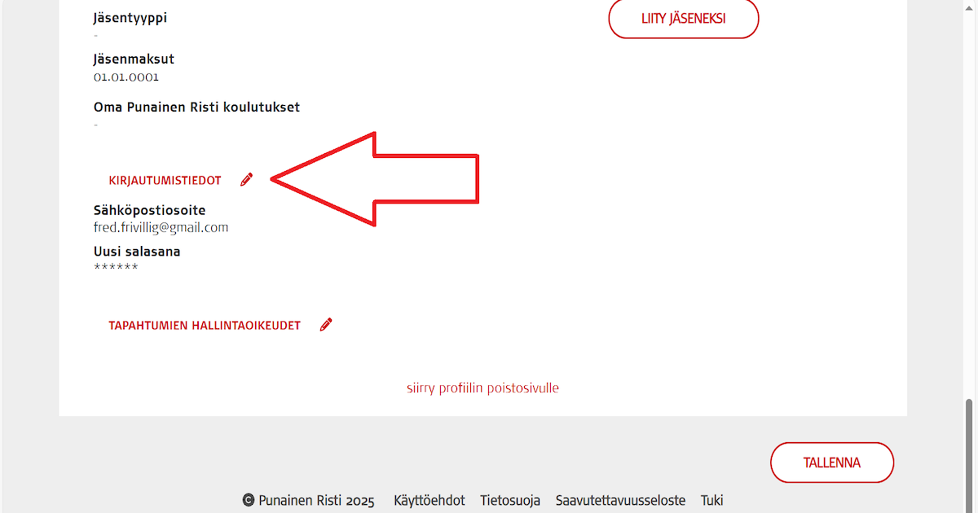 Kuvakaappaus Oma-järjestelmästä. Punainen nuoli osoittaa kynäkuvaketta, jota tulee painaa, jos haluaa vaihtaa profiilin sähköpostiosoitetta tai salasanaa.