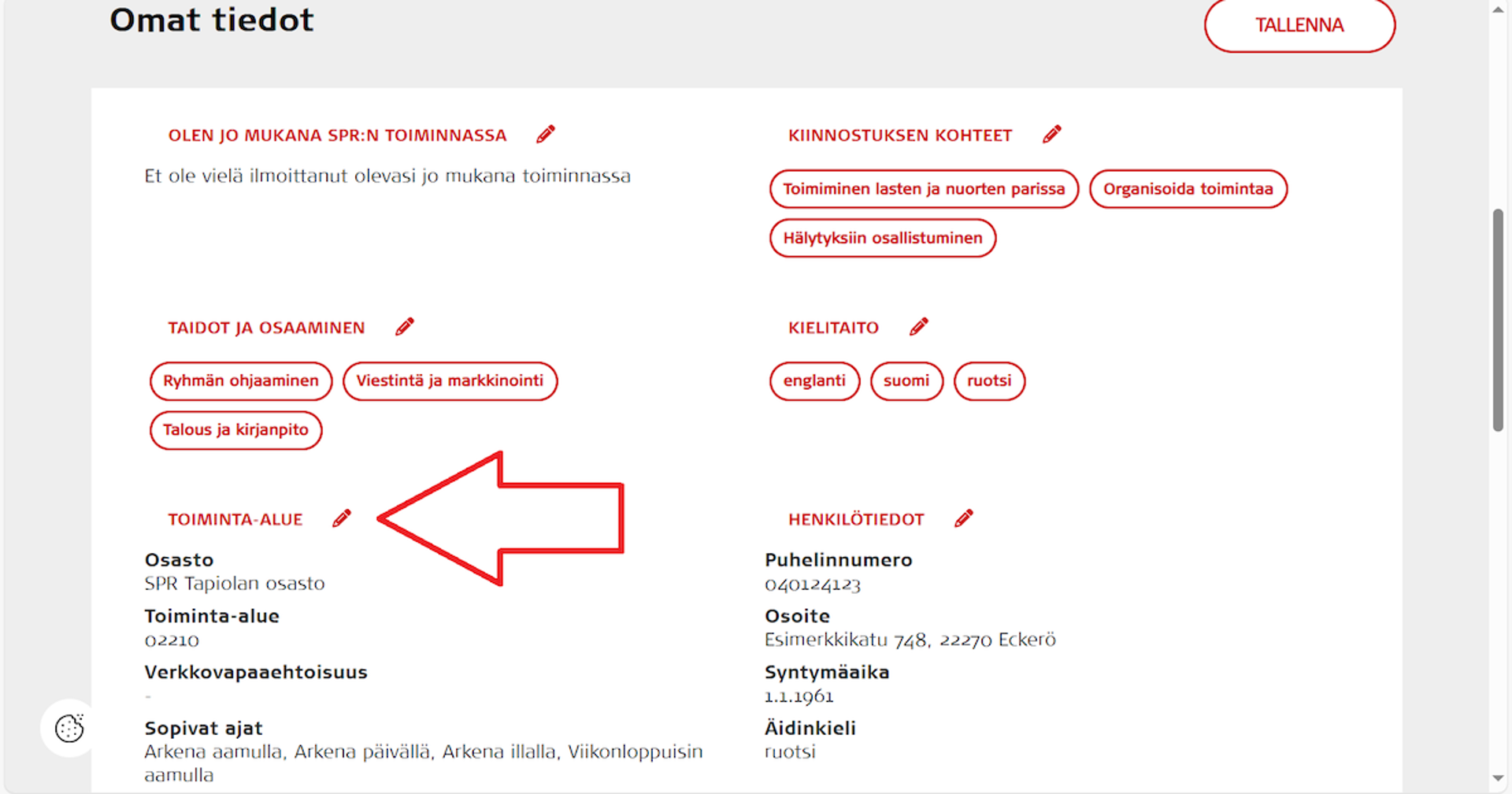 Kuvakaappaus Oma-järjestelmästä. Toiminta-alueen kynäkuvake on merkitty punaisella nuolella.