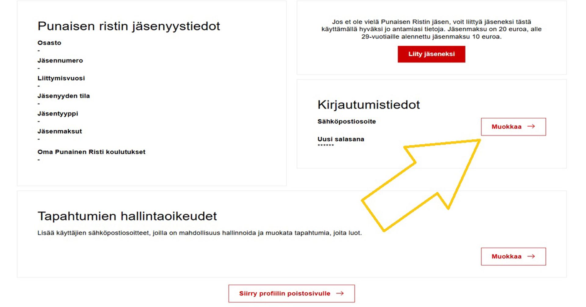 Kuvakaappaus Oma-järjestelmästä. Nuoli osoittaa painiketta, jota tulee painaa, jos haluaa vaihtaa profiilin sähköpostiosoitetta tai salasanaa.