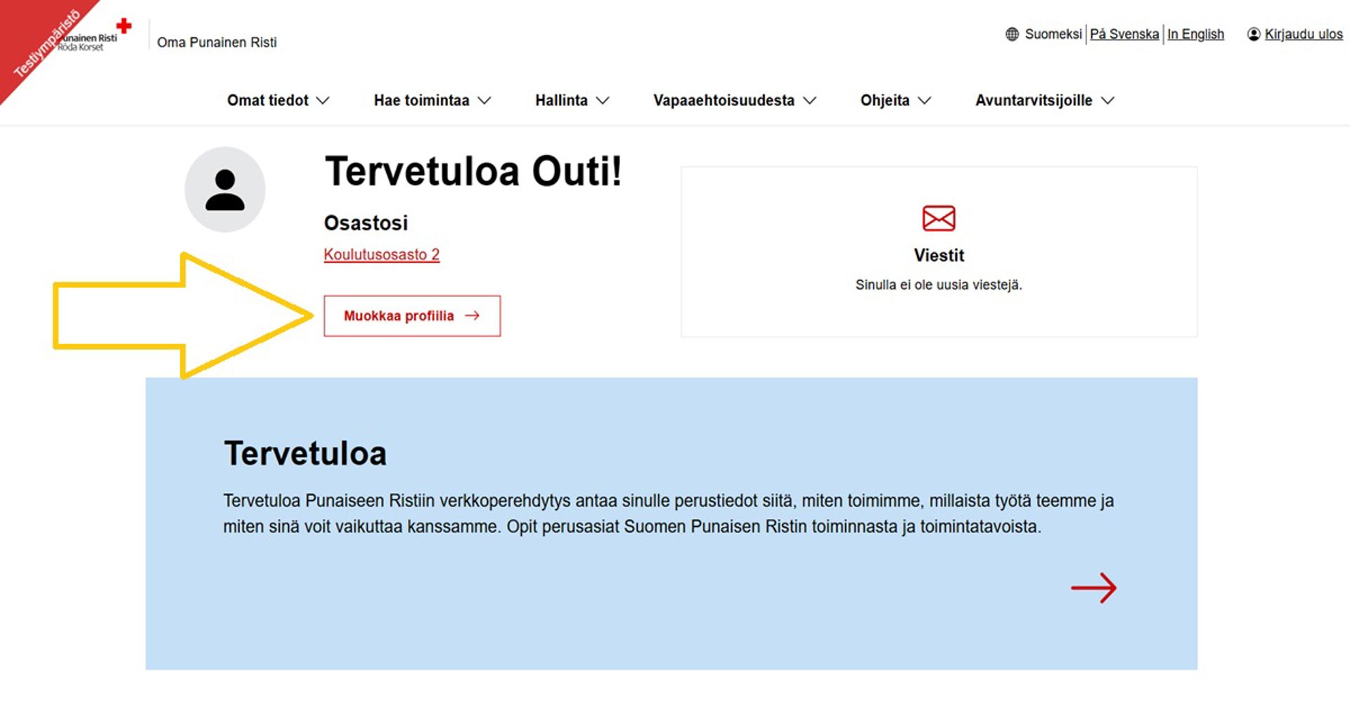 Kuvakaappaus Oma-järjestelmästä. Iso nuoli osoittaa Muokkaa profiilia -painikkeeseen.