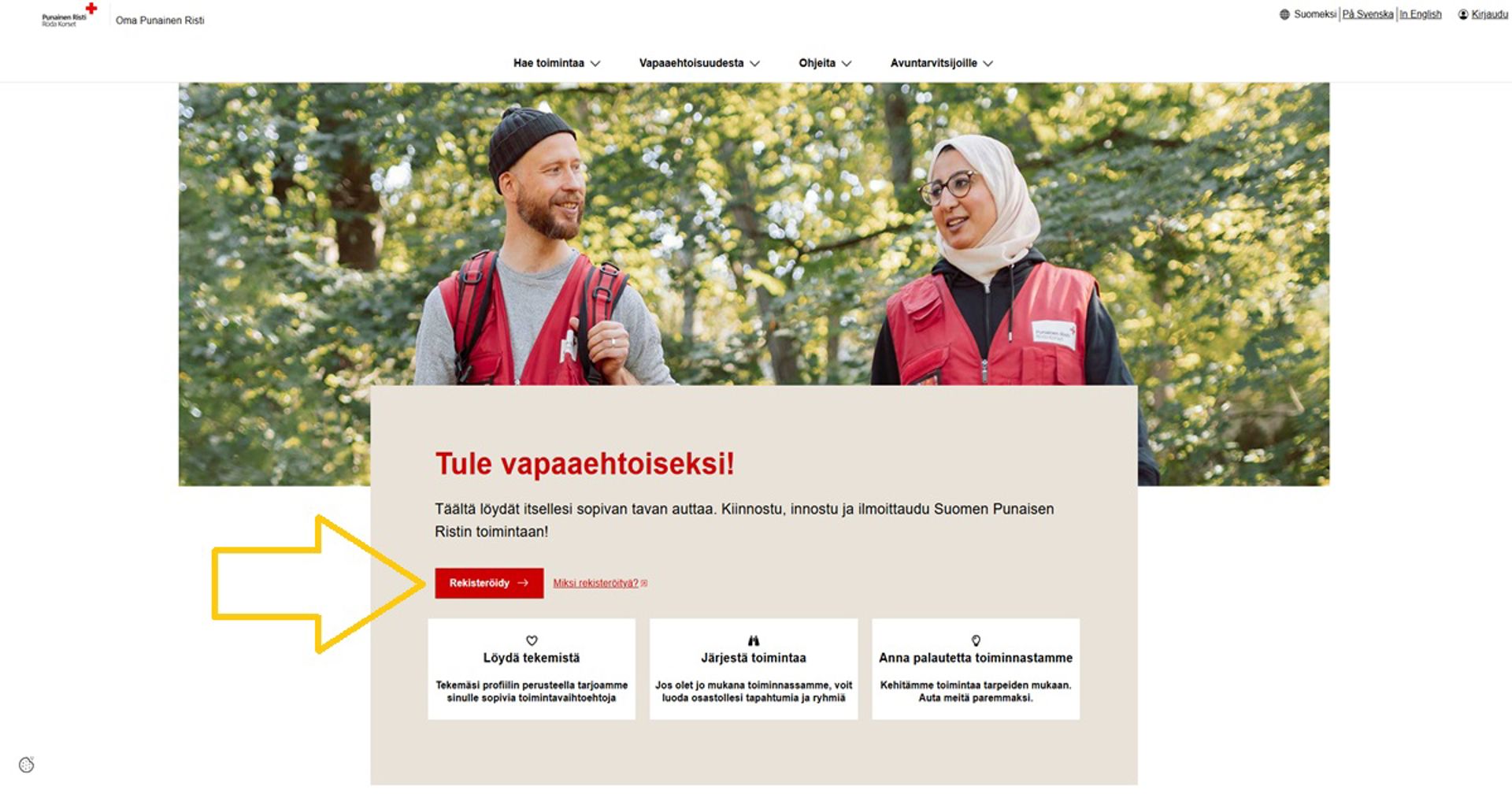 Kuvakaappaus Oma-järjestelmästä. Nuoli osoittaa sivun keskellä olevaan Rekisteröidy-painikkeeseen.