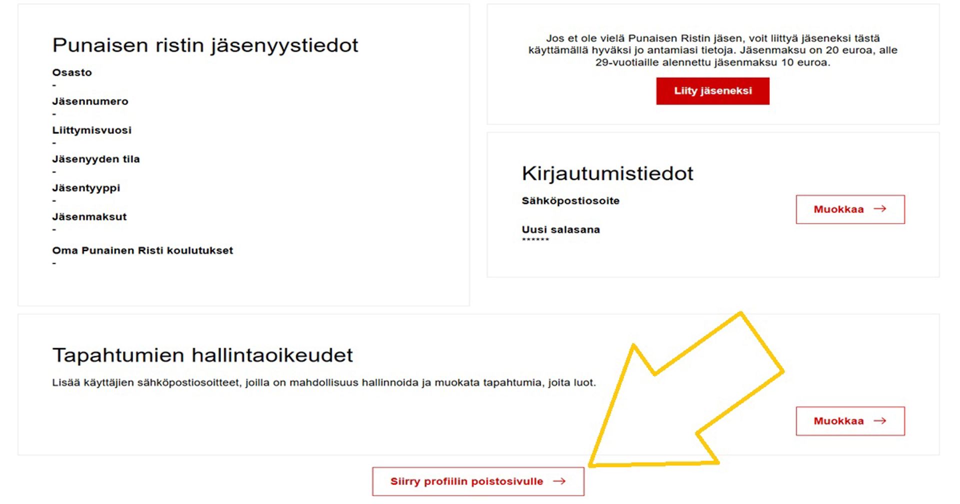 Kuvakaappaus Oma-järjestelmästä. Iso nuoli osoittaa Siirry profiilin poistosivulle -painikkeeseen.