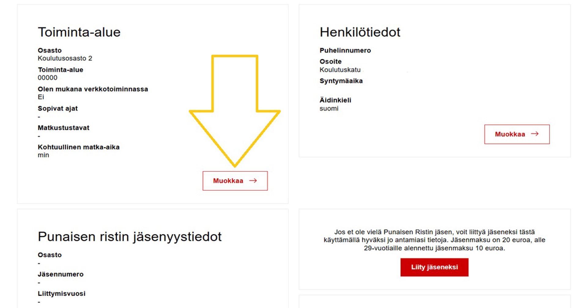 Kuvakaappaus Oma-järjestelmästä. Iso nuoli osoittaa Toiminta-alue-kohdassa olevaa Muokkaa-painiketta.