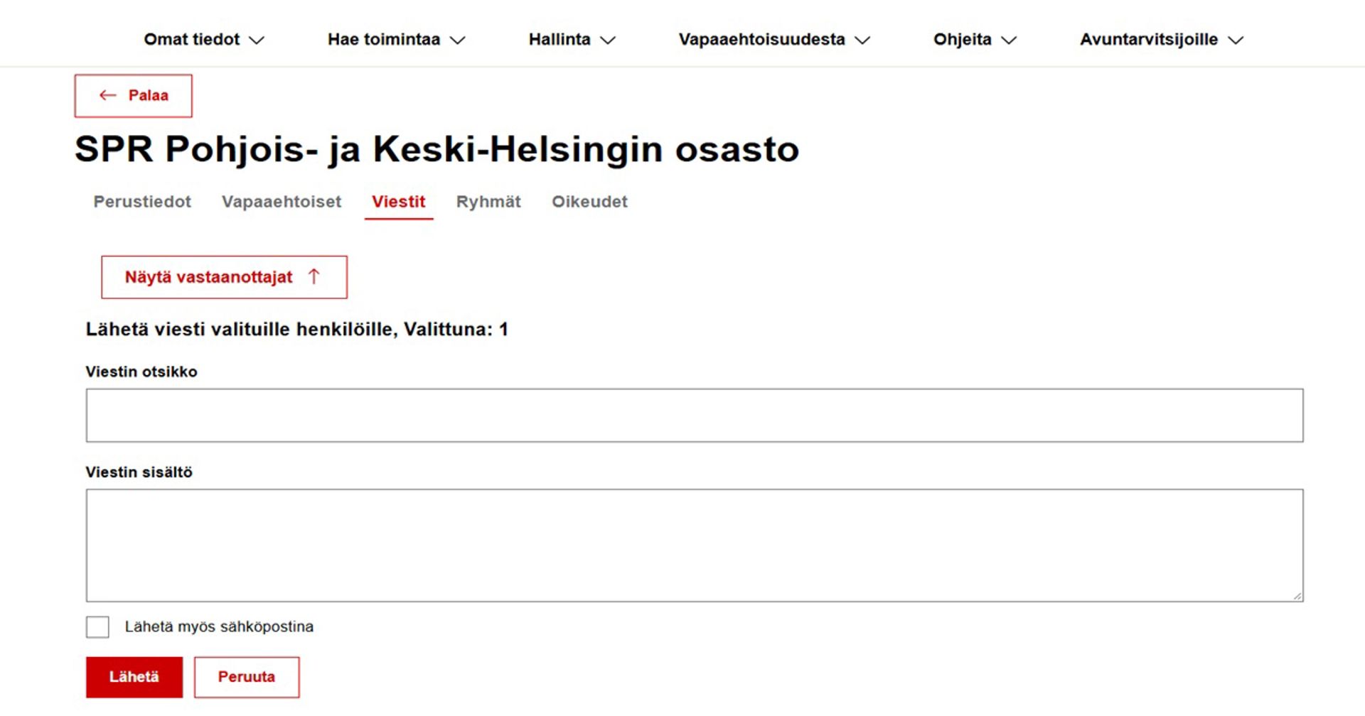 Kuvakaappaus Oma-järjestelmästä. Tämä on näkymä, kun haluaa lähettää viestin suodatetuille vapaaehtoisille.