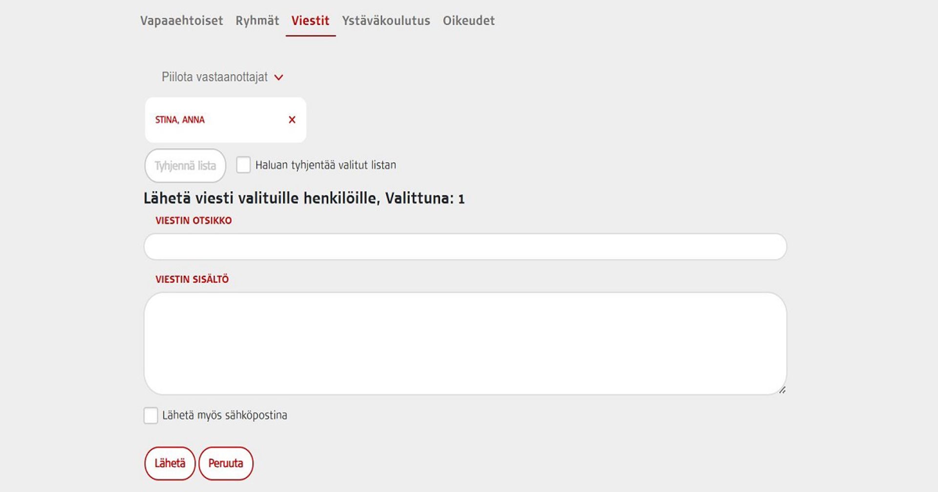Kuvakaappaus Oma-järjestelmästä. Tämä on näkymä, kun haluaa lähettää viestin suodatetuille vapaaehtoisille.