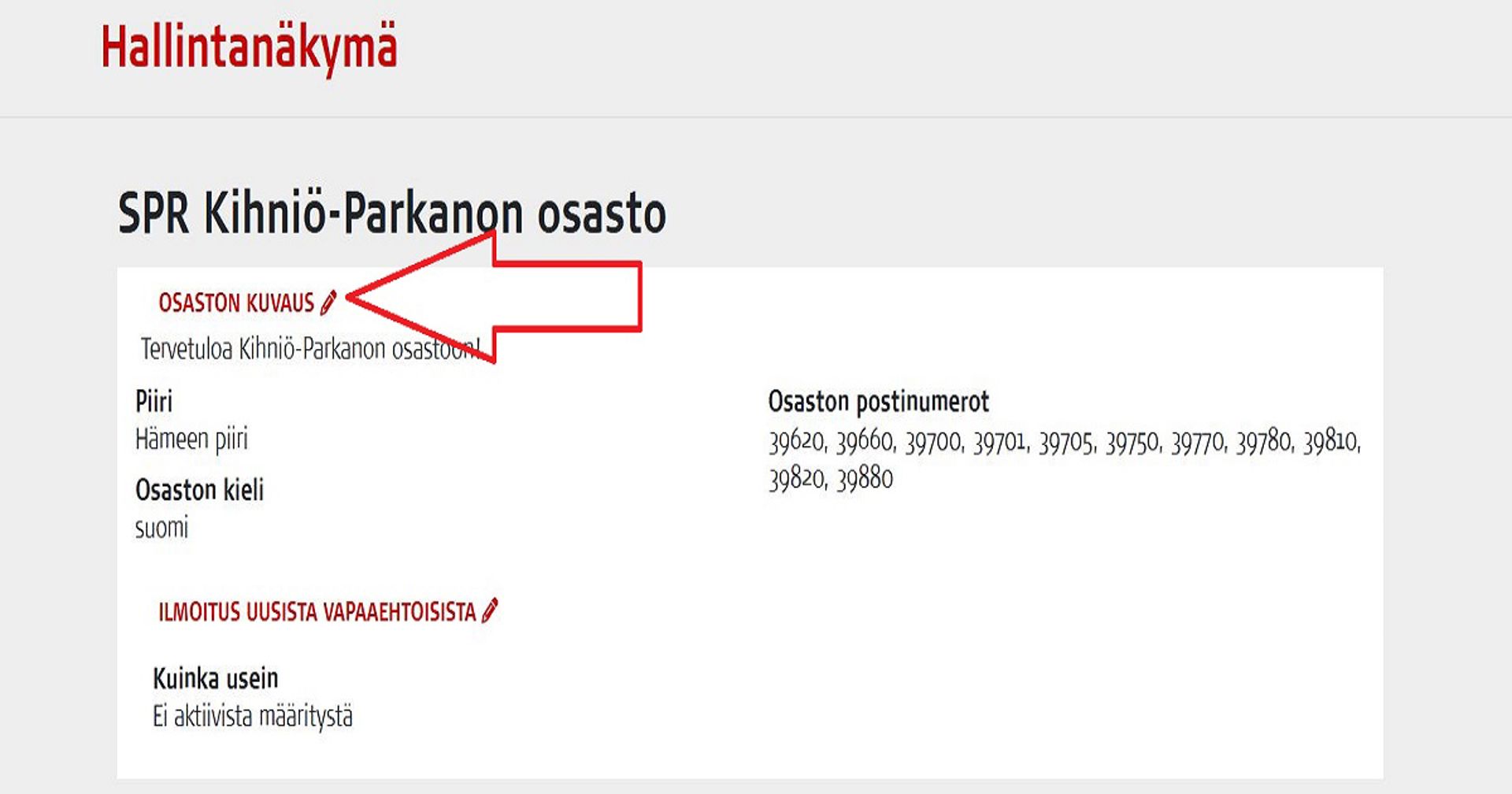Kuvakaappaus Oma-järjestelmästä. Punainen nuoli osoittaa kynäkuvaketta, jota klikkaamalla pääsee muokkaamaan osaston kuvausta.