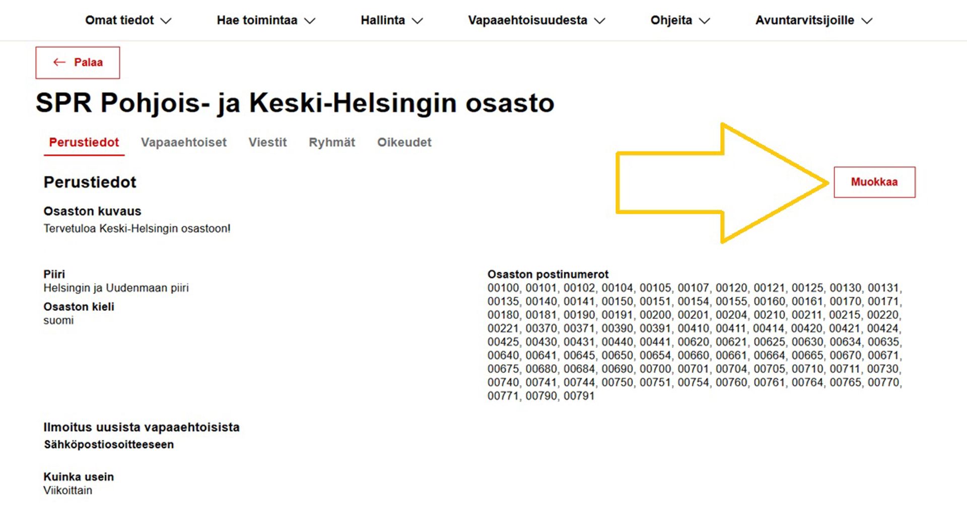 Kuvakaappaus Oma-järjestelmästä. Nuoli osoittaa Muokkaa-painikkeeseen, jota klikkaamalla pääsee muokkaamaan osaston kuvausta.