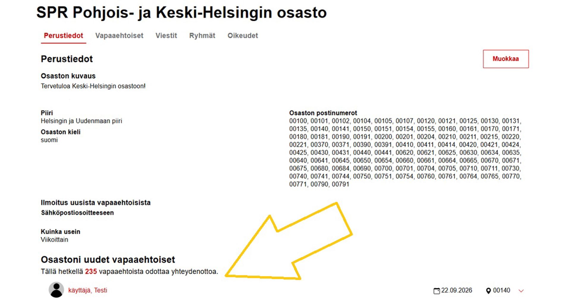 Kuvakaappaus Oma-järjestelmästä. Nuoli osoittaa kohtaa, jossa osaston uudet vapaaehtoiset näkyvät listattuna.