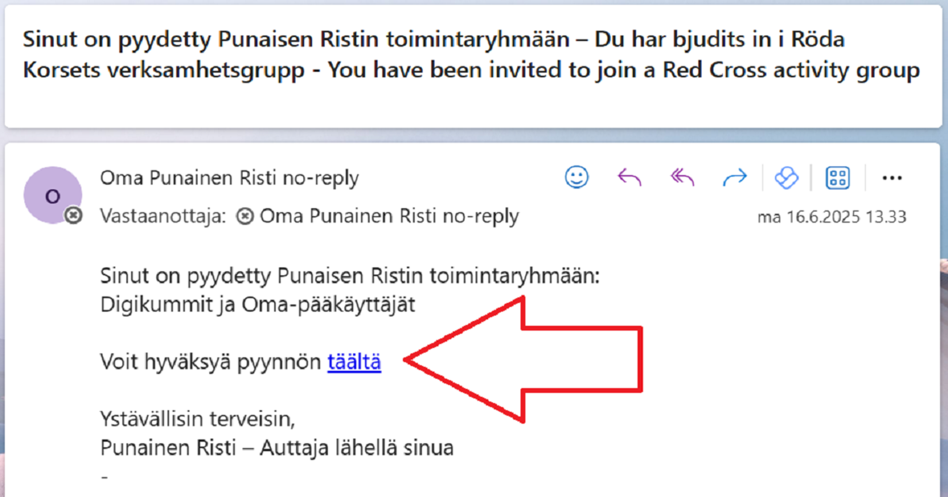 Kuvakaappaus sähköpostiviestistä, jonka Oman käyttäjä saa sen jälkeen, kun häntä pyydetään liittymään ryhmään.