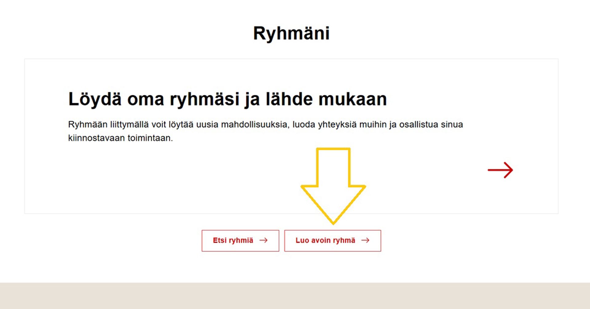 Kuvakaappaus Oma-järjestelmästä. Nuoli näyttää, mistä voi luoda avoimen ryhmän. 