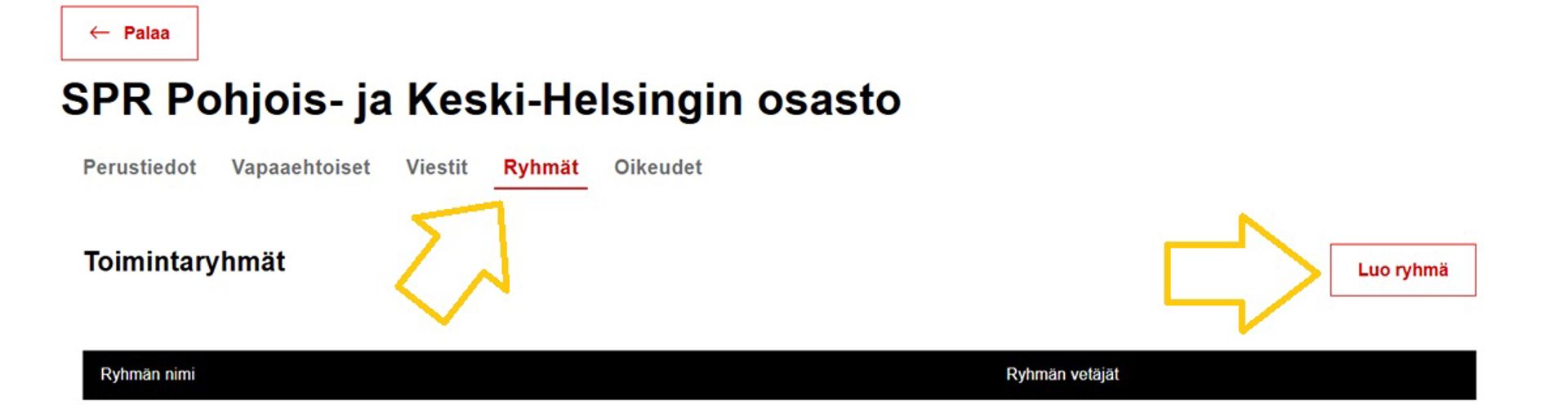 Kuvakaappaus Oma-järjestelmästä. Nuolet osoittavat, miten luoda toimintaryhmä.