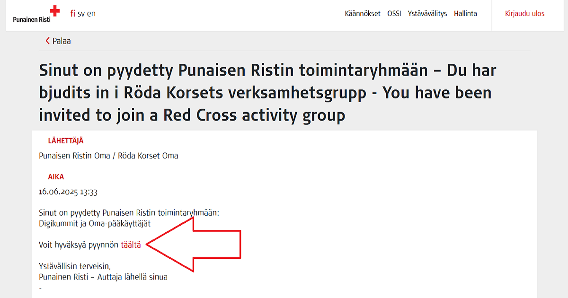 Kuvakaappaus Oma-järjestelmästä. Punainen nuoli osoittaa painiketta, jota tulee painaa pyynnön hyväksymiseksi ja ryhmään liittymiseksi.