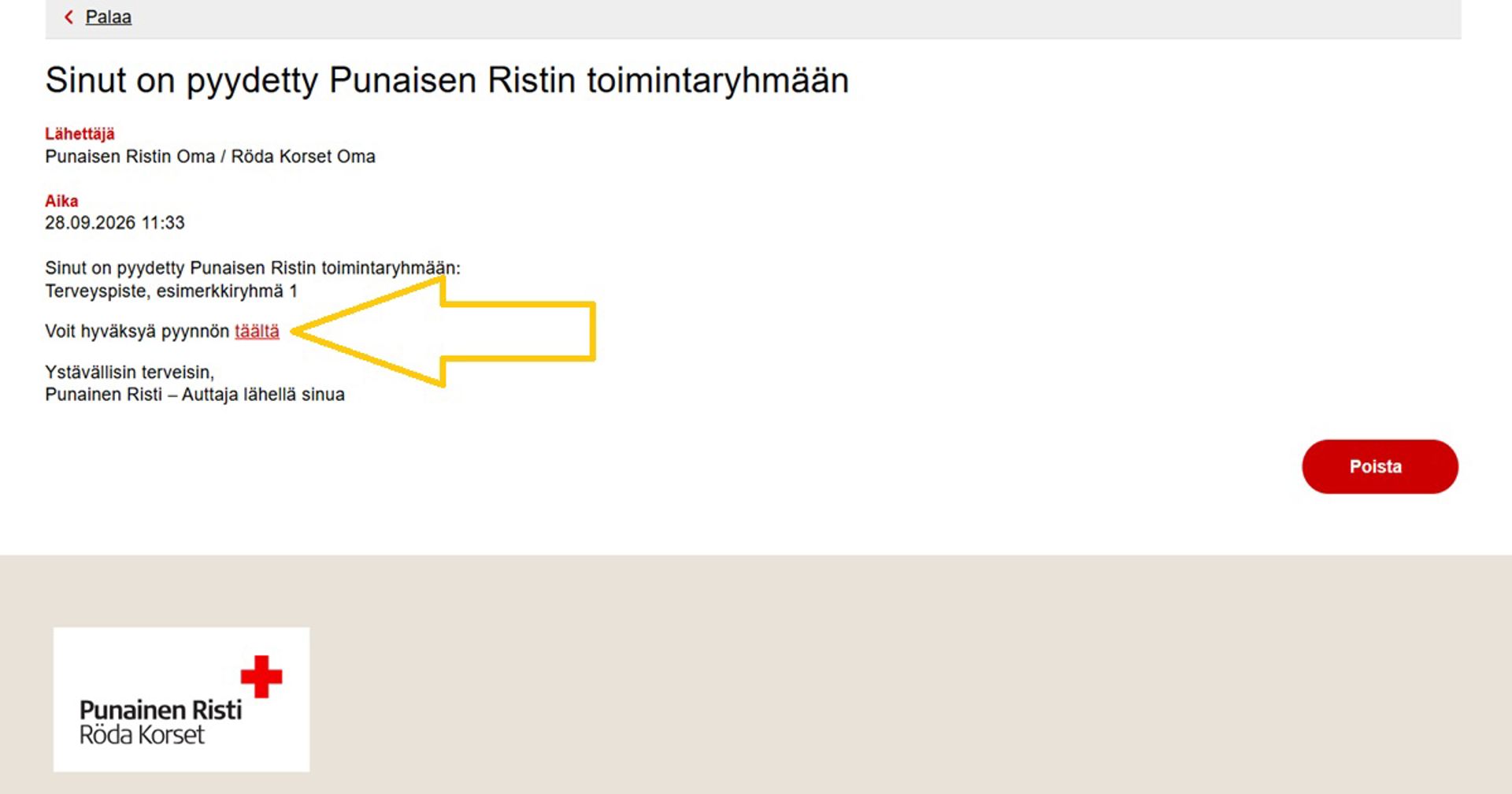 Kuvakaappaus Oma-järjestelmästä. Nuoli osoittaa painiketta, jota tulee painaa pyynnön hyväksymiseksi ja ryhmään liittymiseksi.