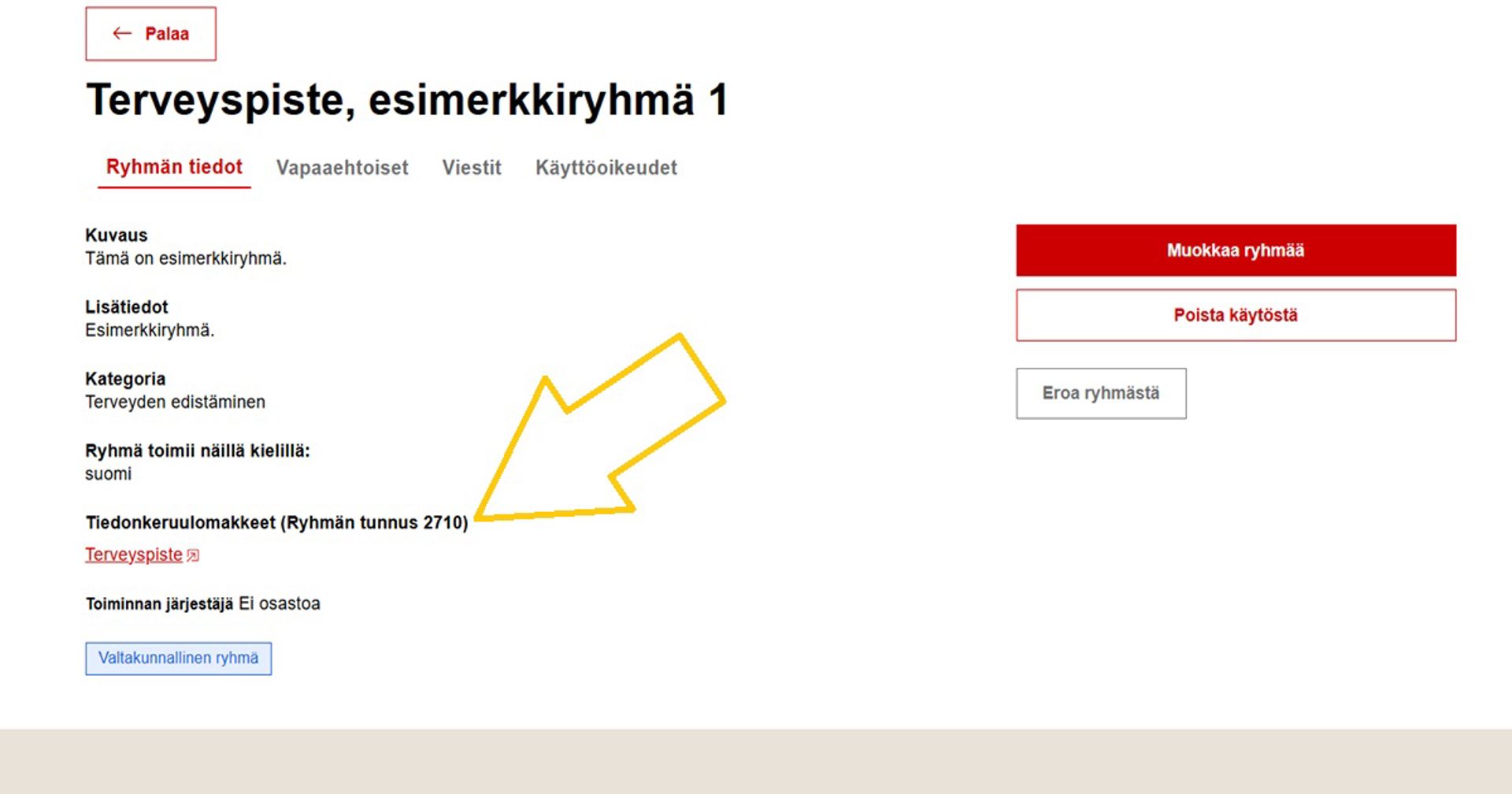 Kuvakaappaus Oma-järjestelmästä. Nuoli osoittaa, mistä ryhmän jäsenet löytävät tiedonkeruulomakkeen.
