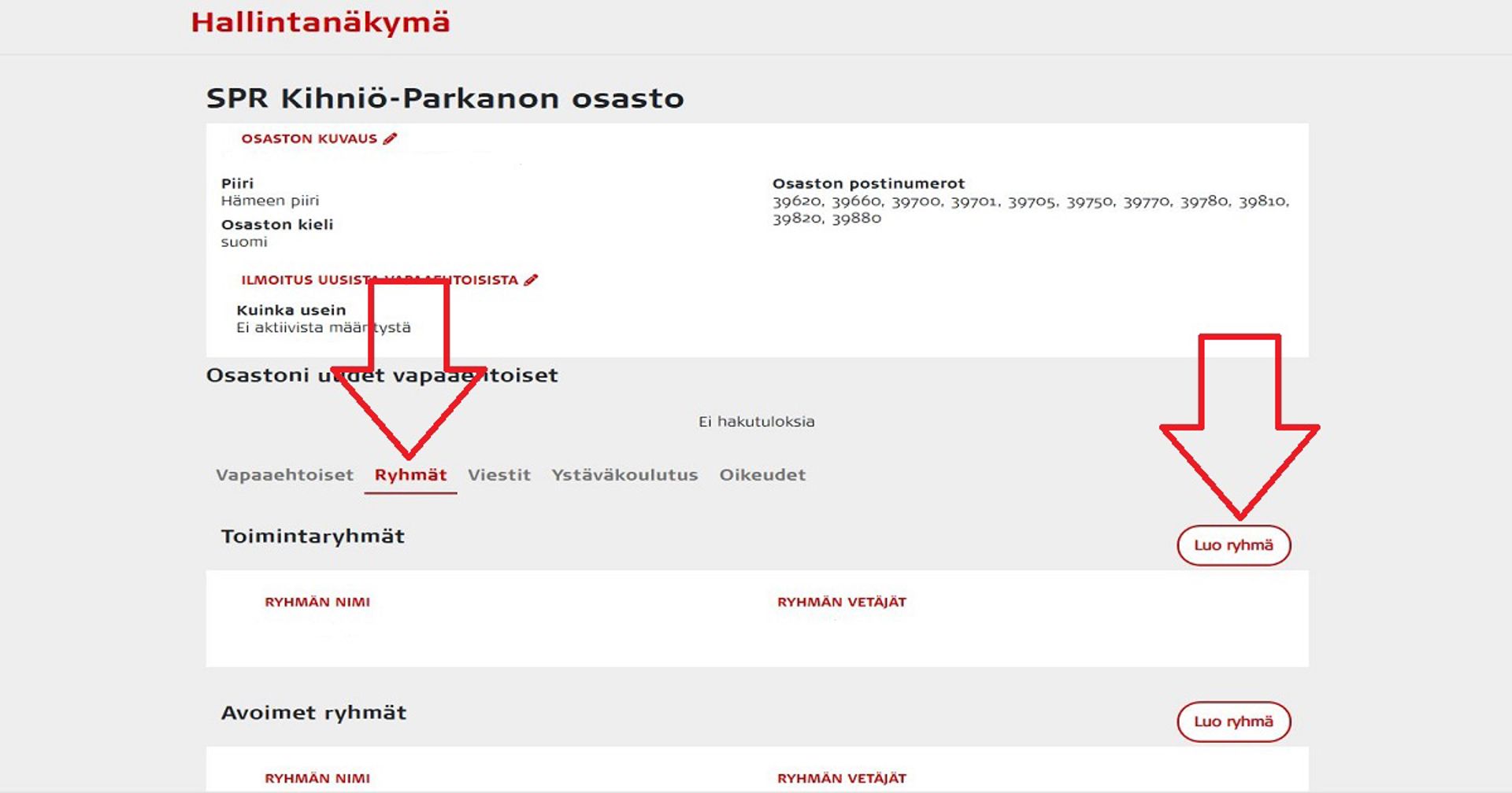 Kuvakaappaus Oma-järjestelmästä. Punaiset nuolet osoittavat, miten luoda toimintaryhmä.