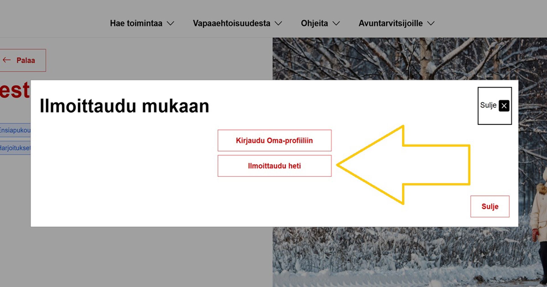 Kuvakaappaus Oma-järjestelmästä. Nuoli osoittaa Ilmoittaudu heti -painikkeeseen.