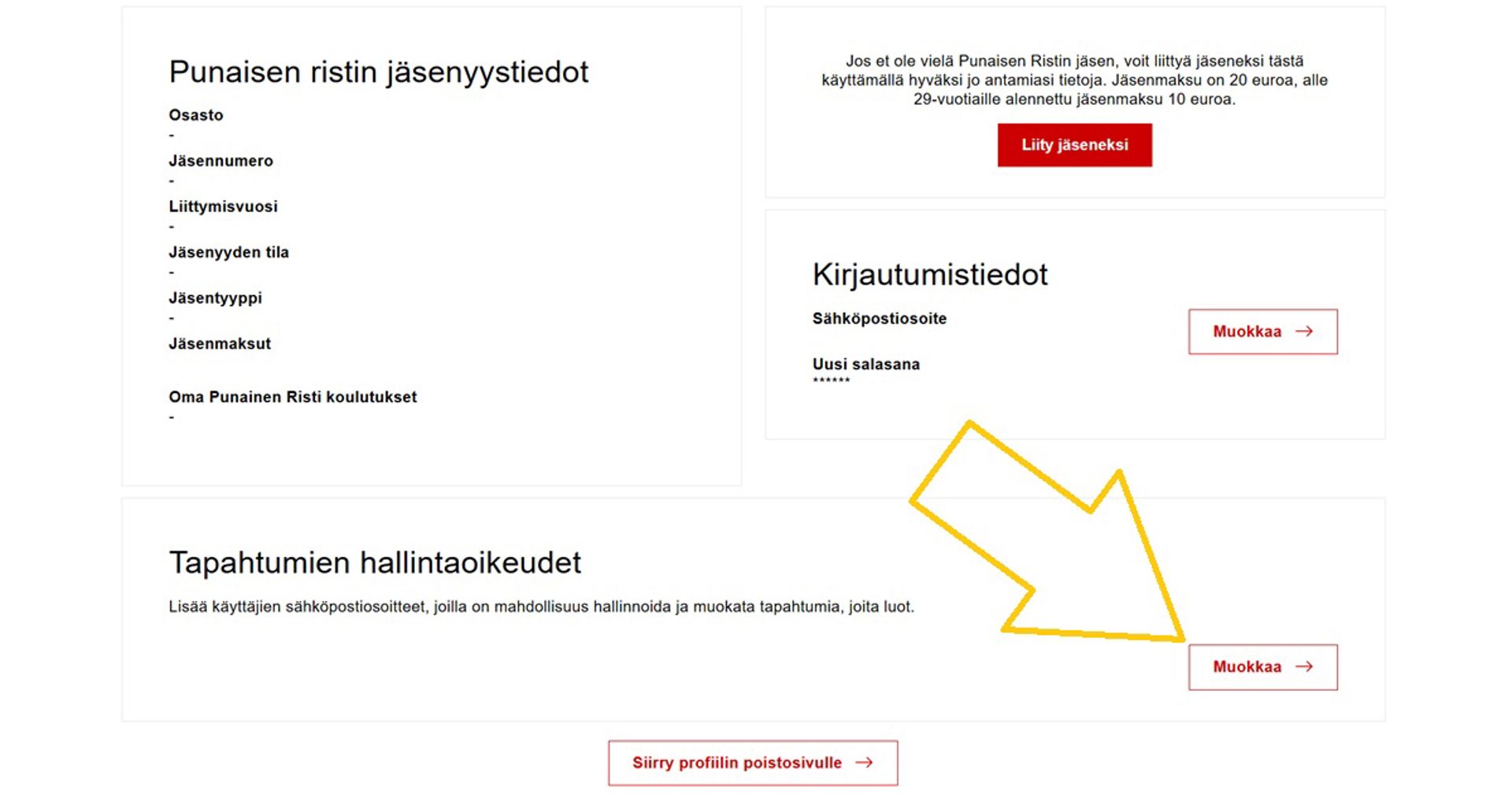 Kuvakaappaus Oma-järjestelmästä. Nuoli osoittaa kohtaa, josta voi jakaa kaikkien luomiensa tapahtumien hallintaoikeudet toiselle käyttäjälle.