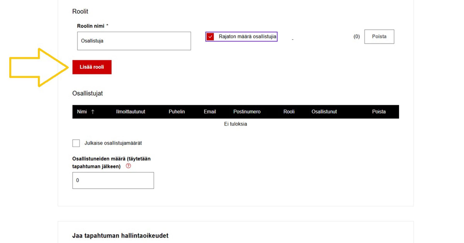 Kuvakaappaus Oma-järjestelmästä. Nuoli osoittaa, mitä tulee klikata osallistujaroolien lisäämiseksi tapahtumailmoitukseen.